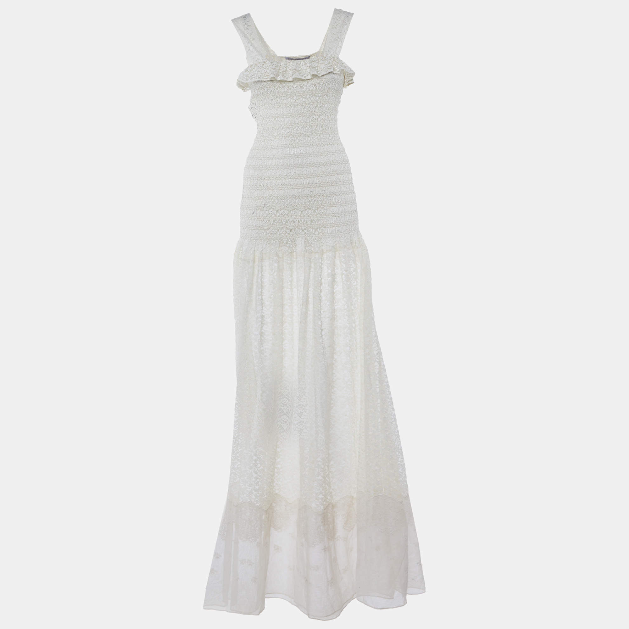 Pre Owned Stella McCartney Off-White Lace Sleeveless Smocked Long Dress S