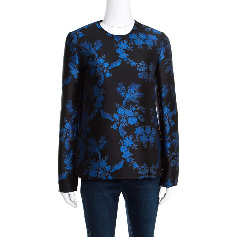 Pre Owned Stella McCartney Black and Blue Floral Jacquard Long Sleeve Top S
