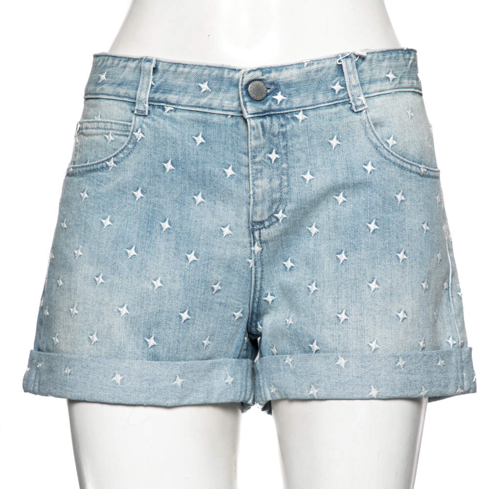 Pre Owned Stella McCartney Light Blue Denim Star Embroidered Shorts L