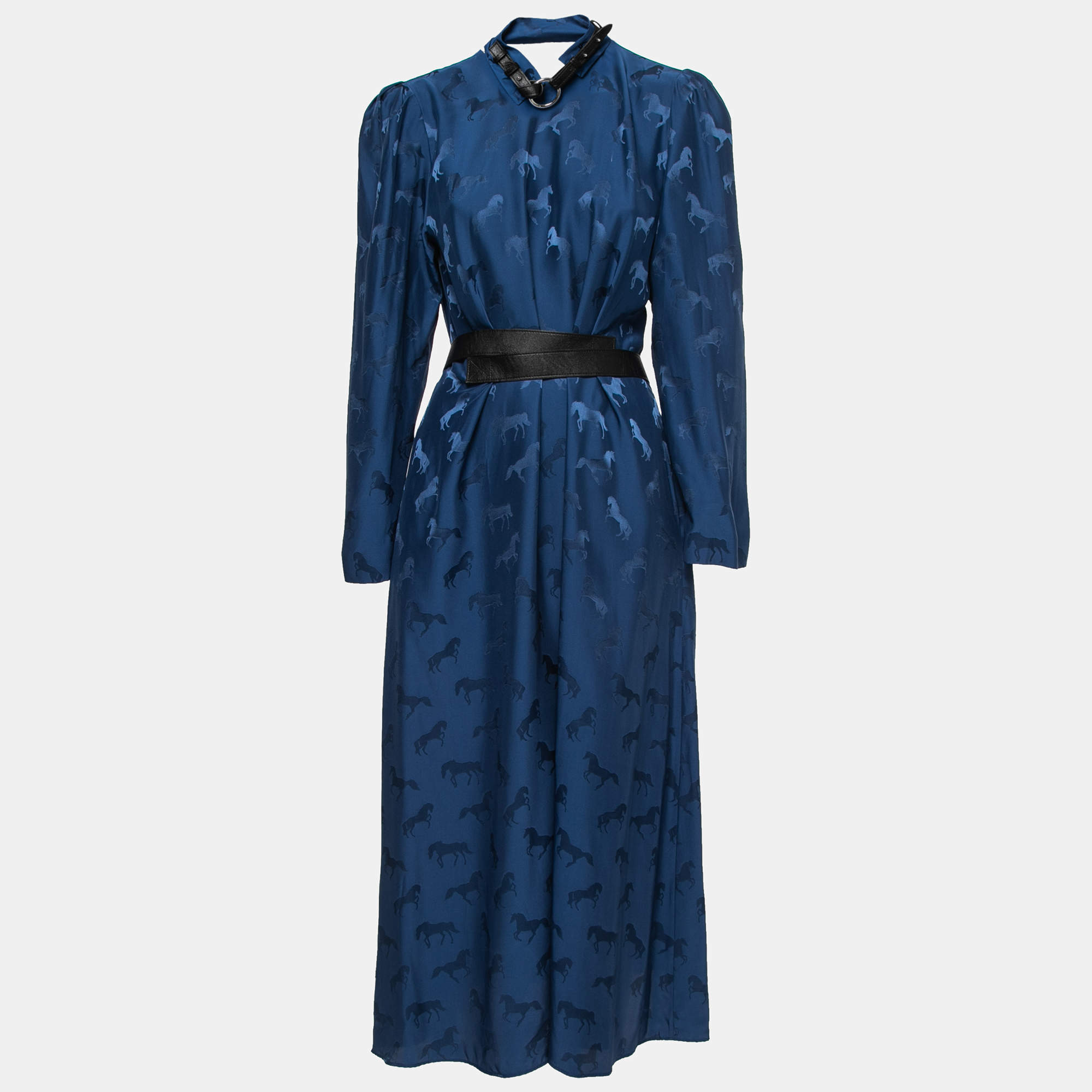 Pre Owned Stella McCartney Blue Horse Jacquard Silk Belted Maxi Dress S