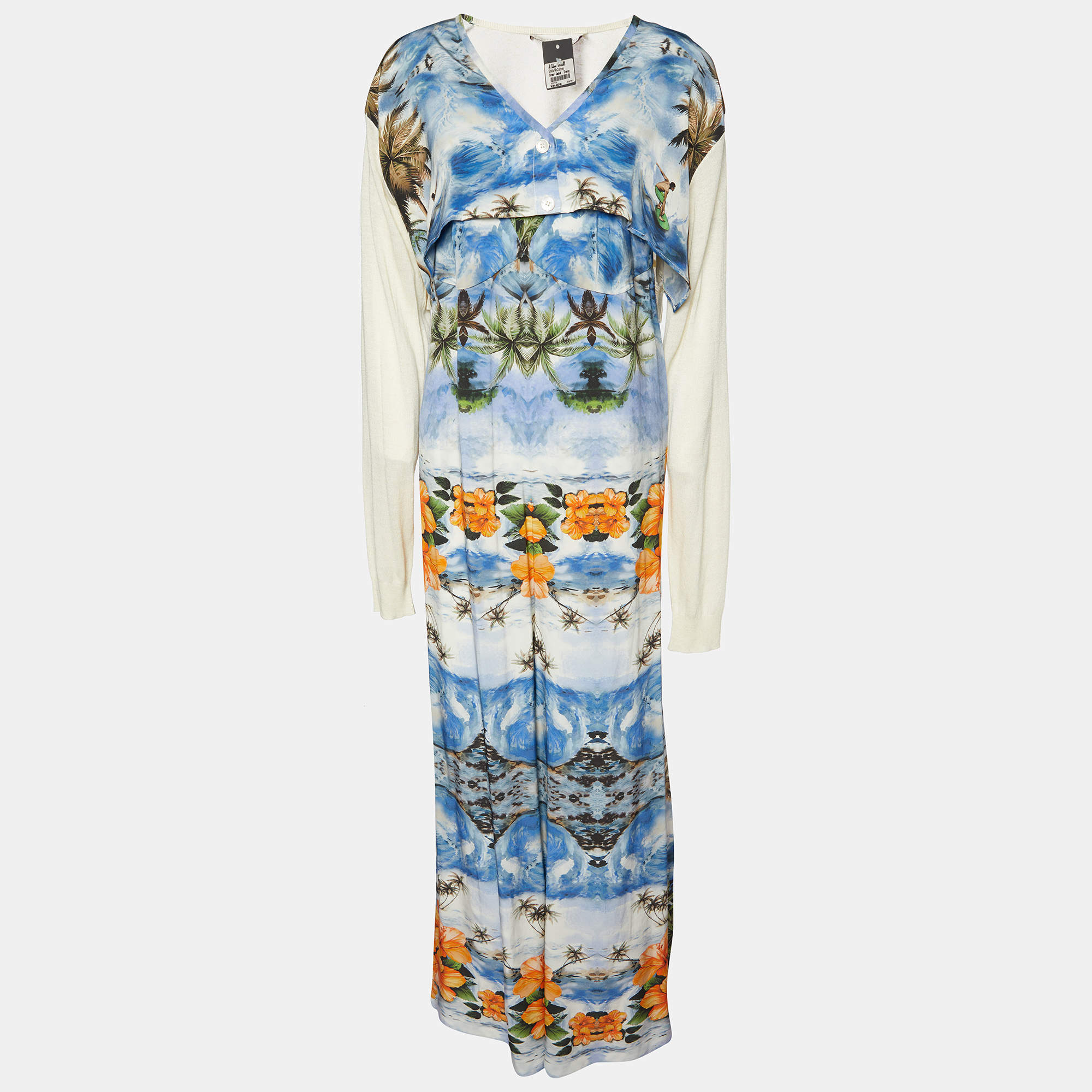 Pre Owned Stella McCartney Blue Hawaiian Printed Silk Jumpsuit & Cropped Shrug M