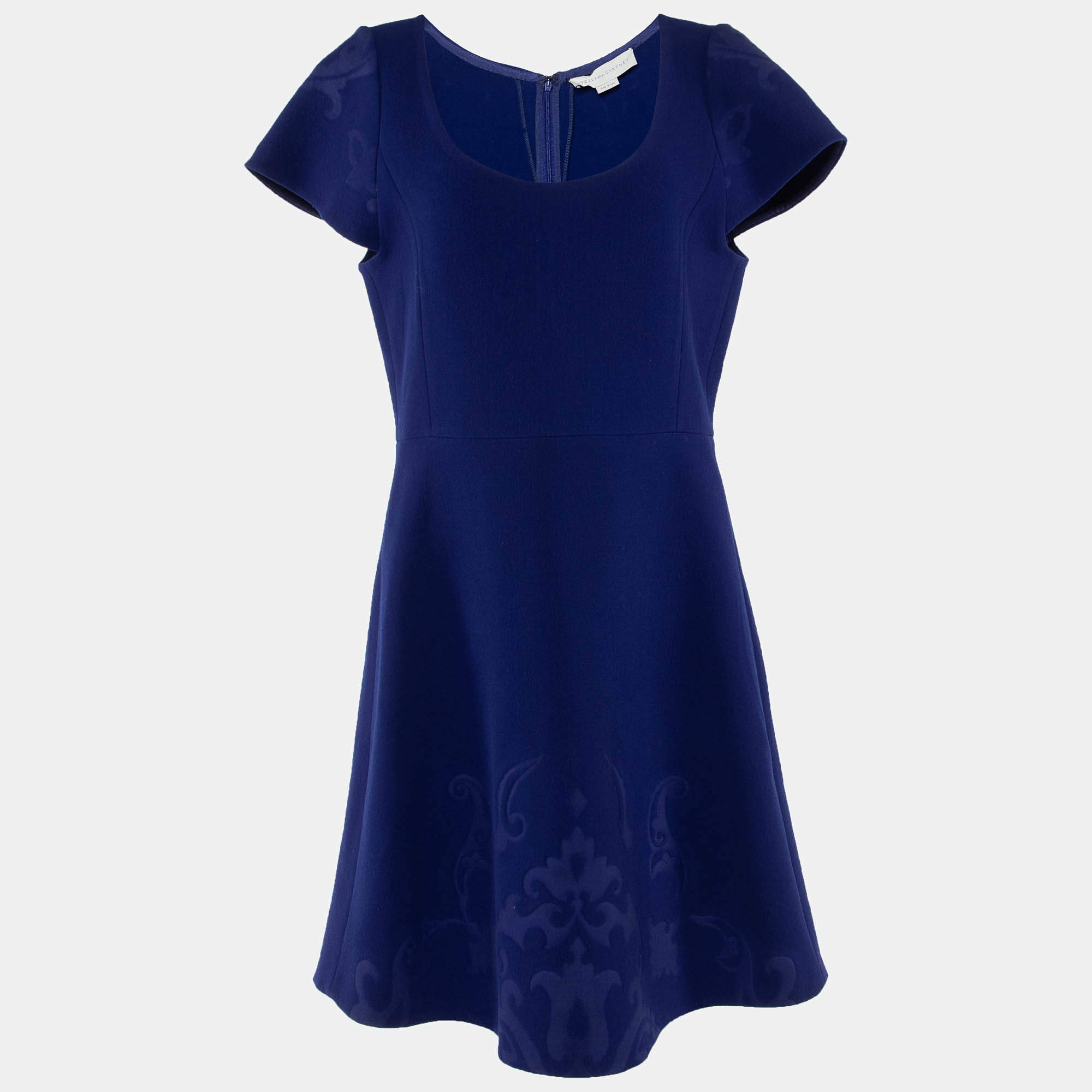 Pre Owned Stella McCartney Navy Blue Floral Wool Jacquard Knit Skater Mini Dress L