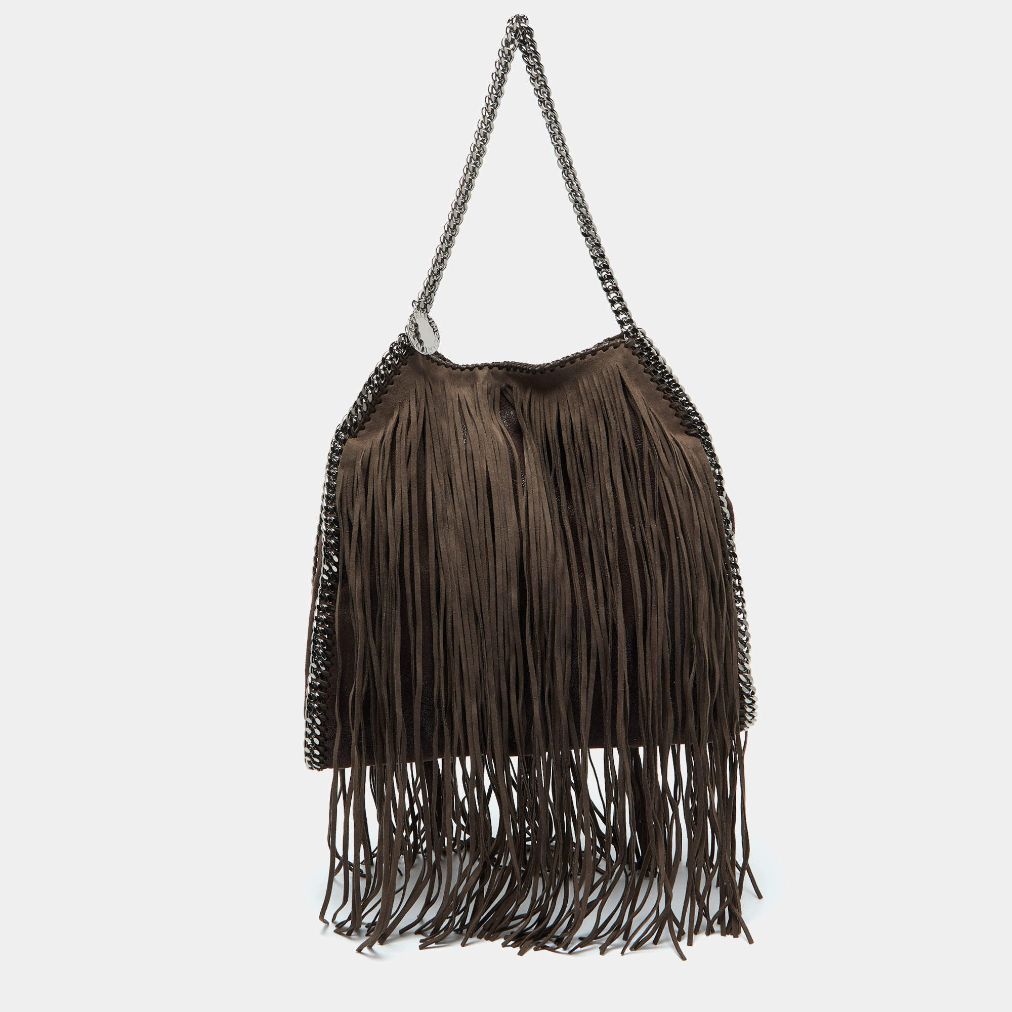 Pre Owned Stella McCartney Dark Brown Faux Suede Fringe Small Falabella Tote