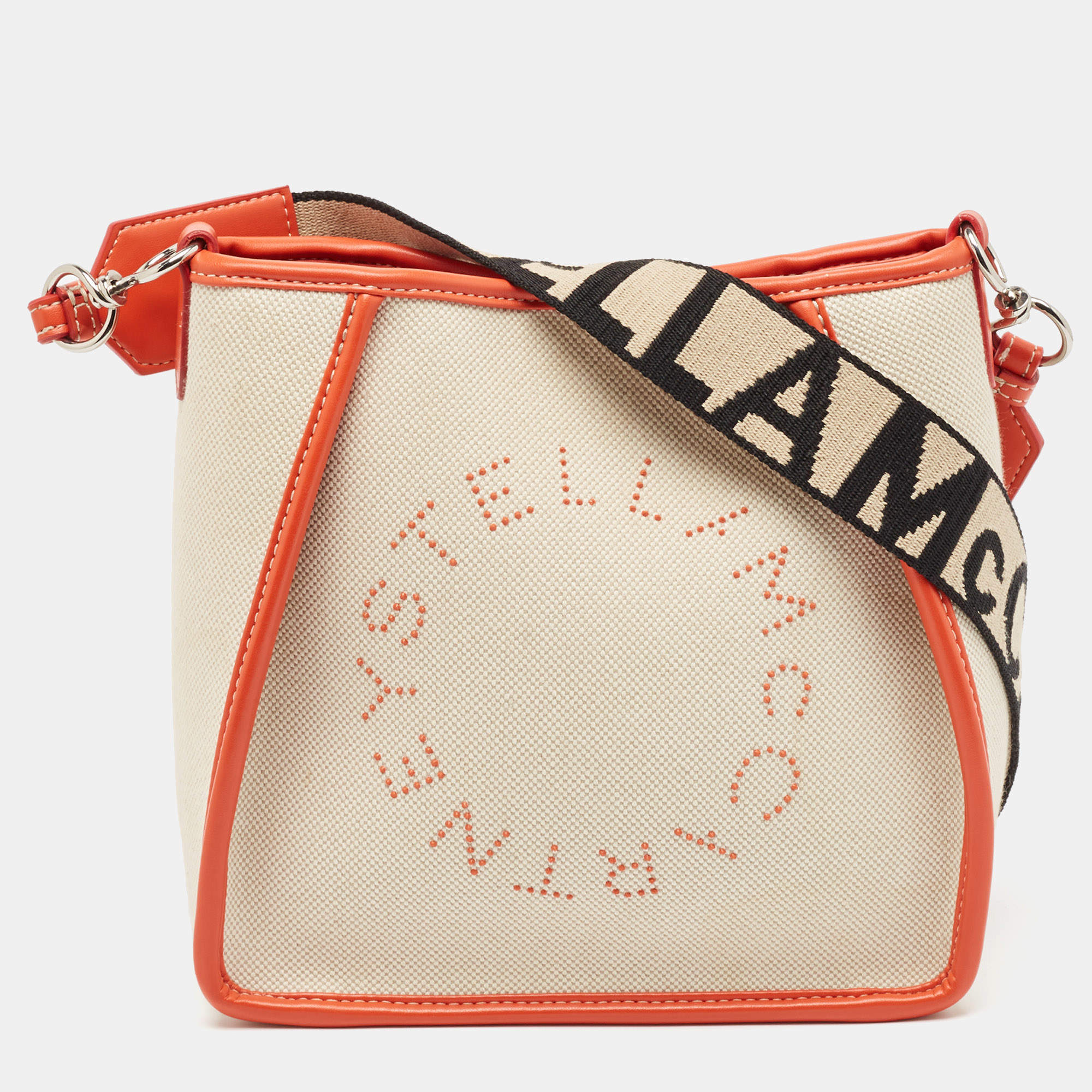 Pre Owned Stella McCartney Beige/Orange Canvas and Faux Leather Logo Crossbody Bag