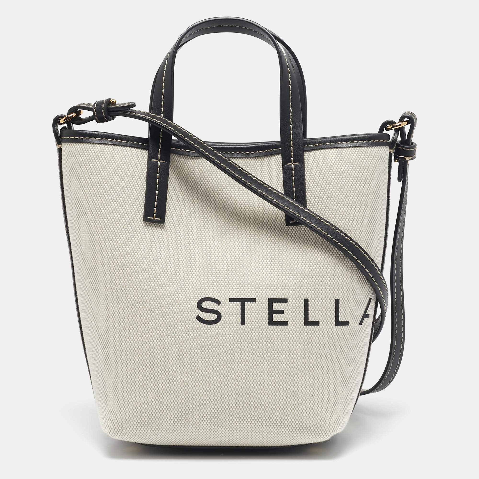 Pre Owned Stella McCartney Cream/Black Canvas and Leather Small Logo Tote