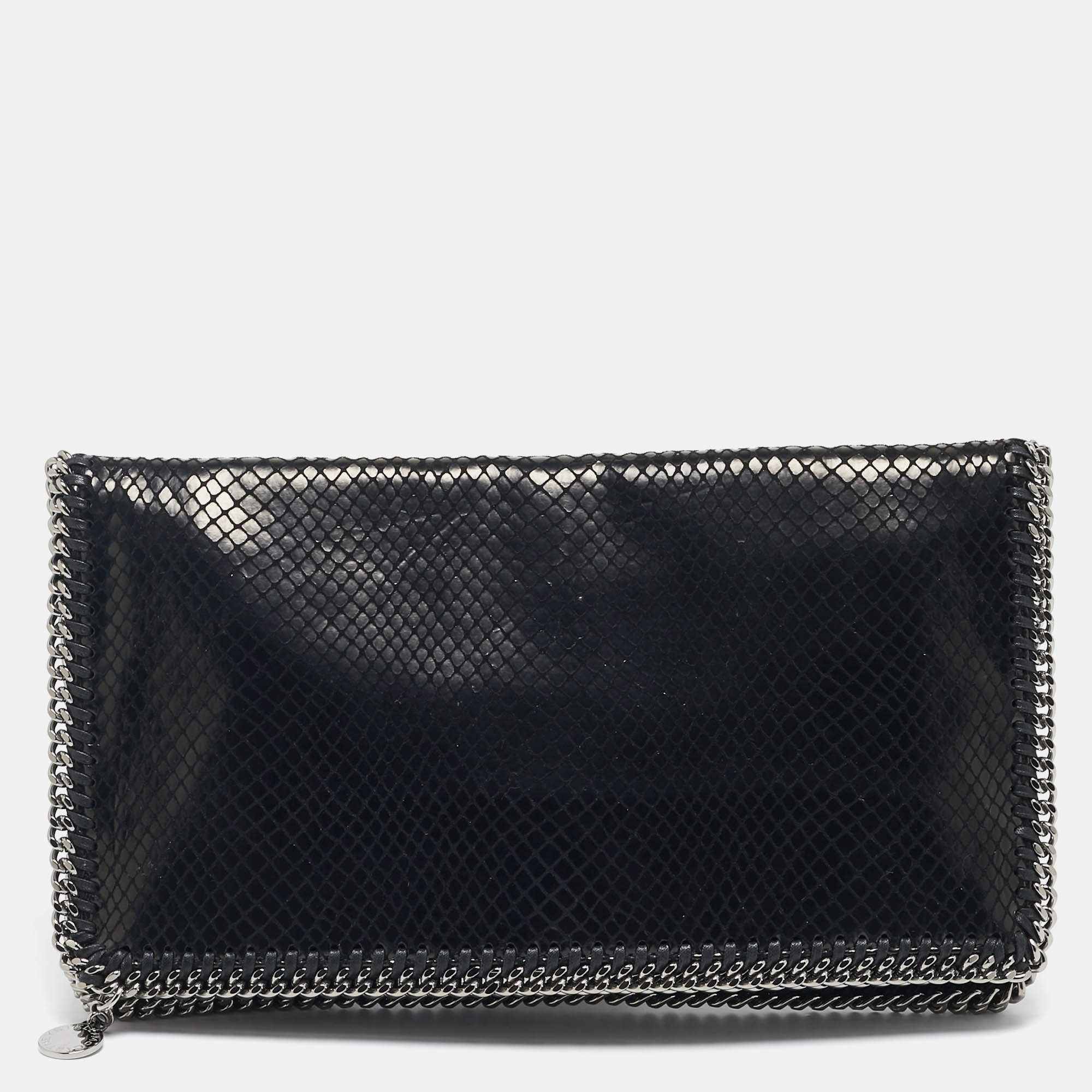 Pre Owned Stella McCartney Black Python Effect Faux Suede Falabella Fold Over Clutch
