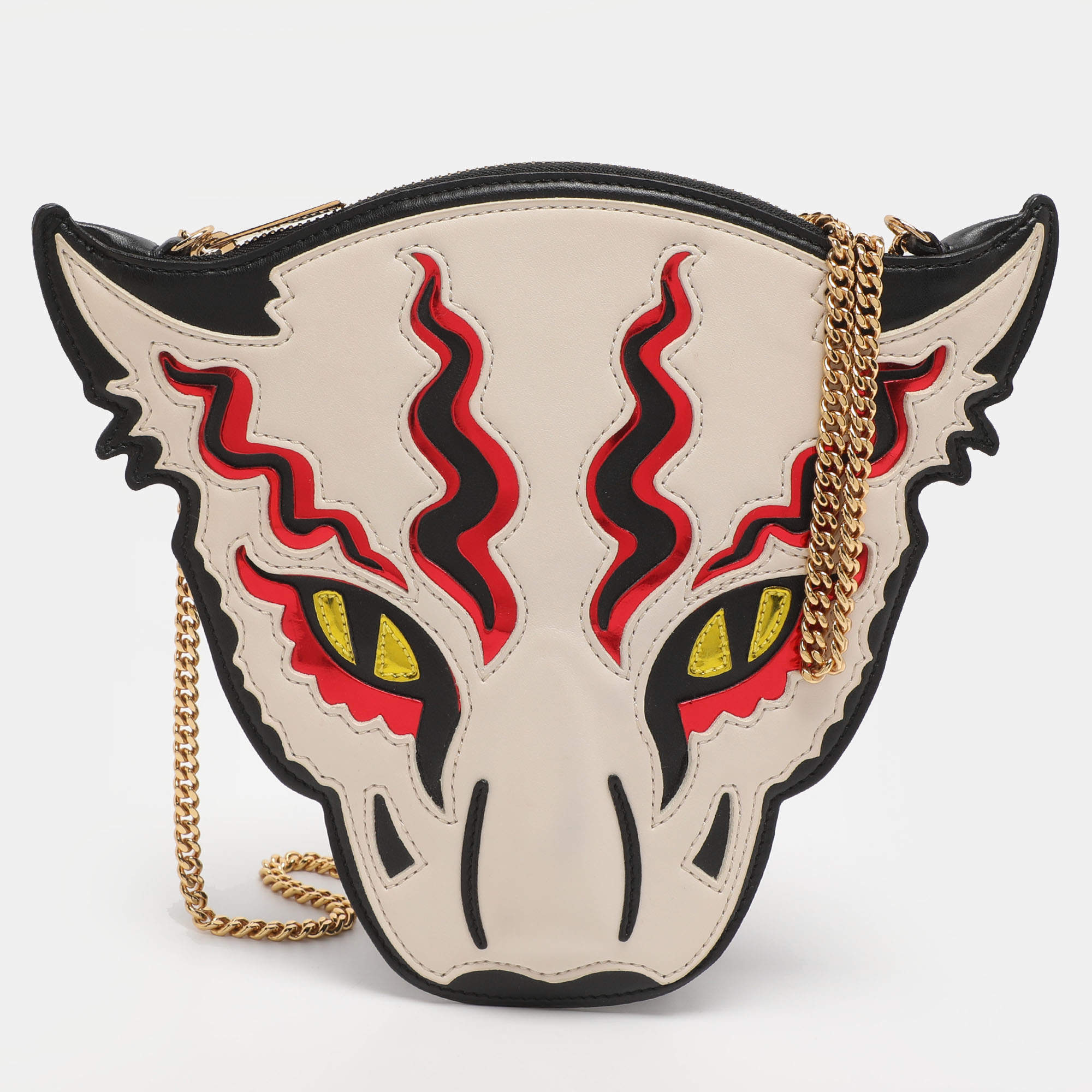 Pre Owned Stella McCartney White/Black Leather Wild Cats Chain Crossbody Bag