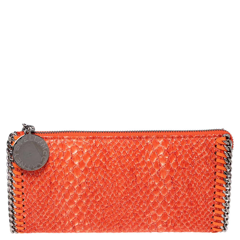 Pre Owned Stella McCartney Orange Faux Python Leather Zip Wallet