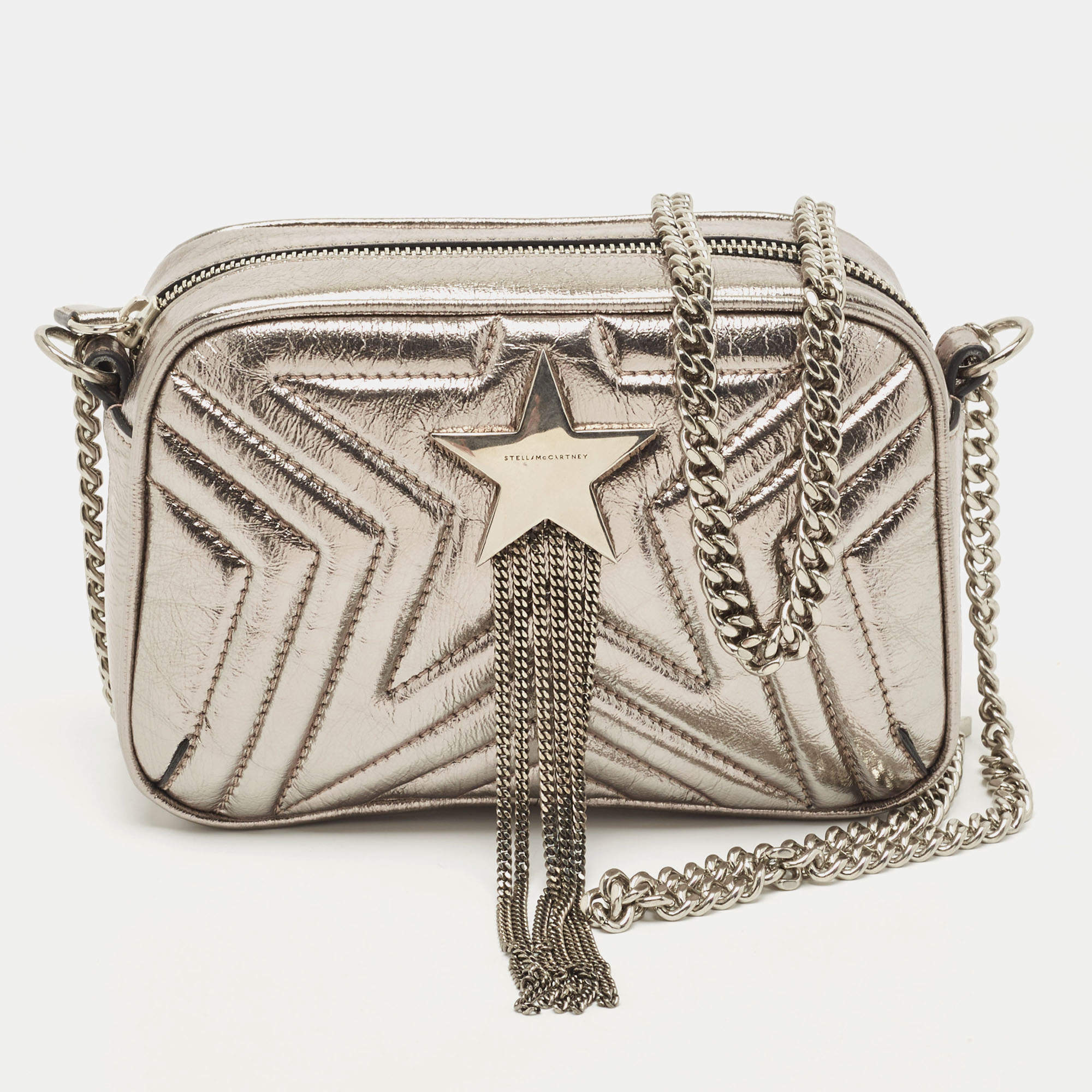Pre Owned Stella McCartney Silver Quilted Laminated Faux Leather Stella Star Crossbody Bag