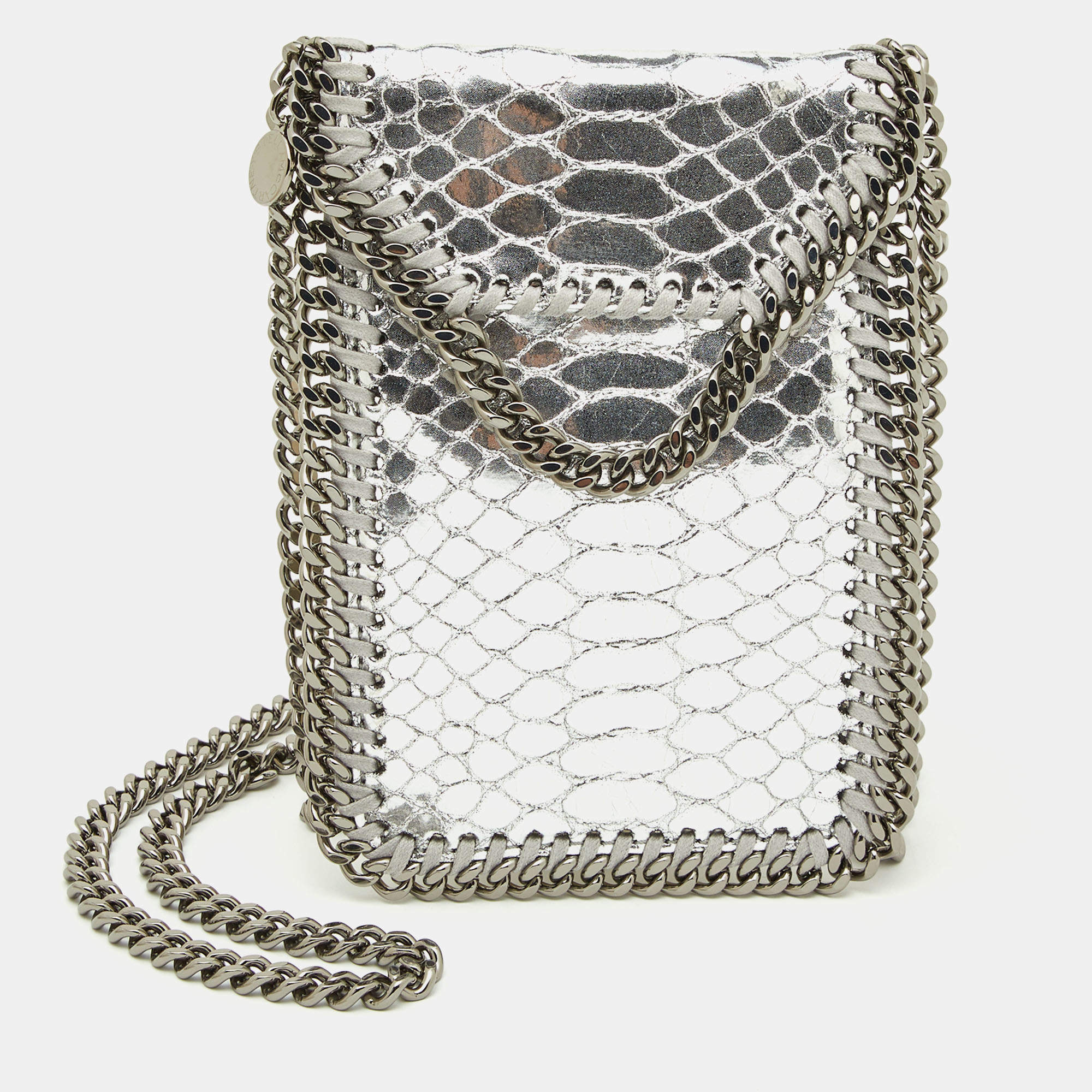 Pre Owned Stella McCartney Silver Python Embossed Leather Falabella Phone Crossbody Bag