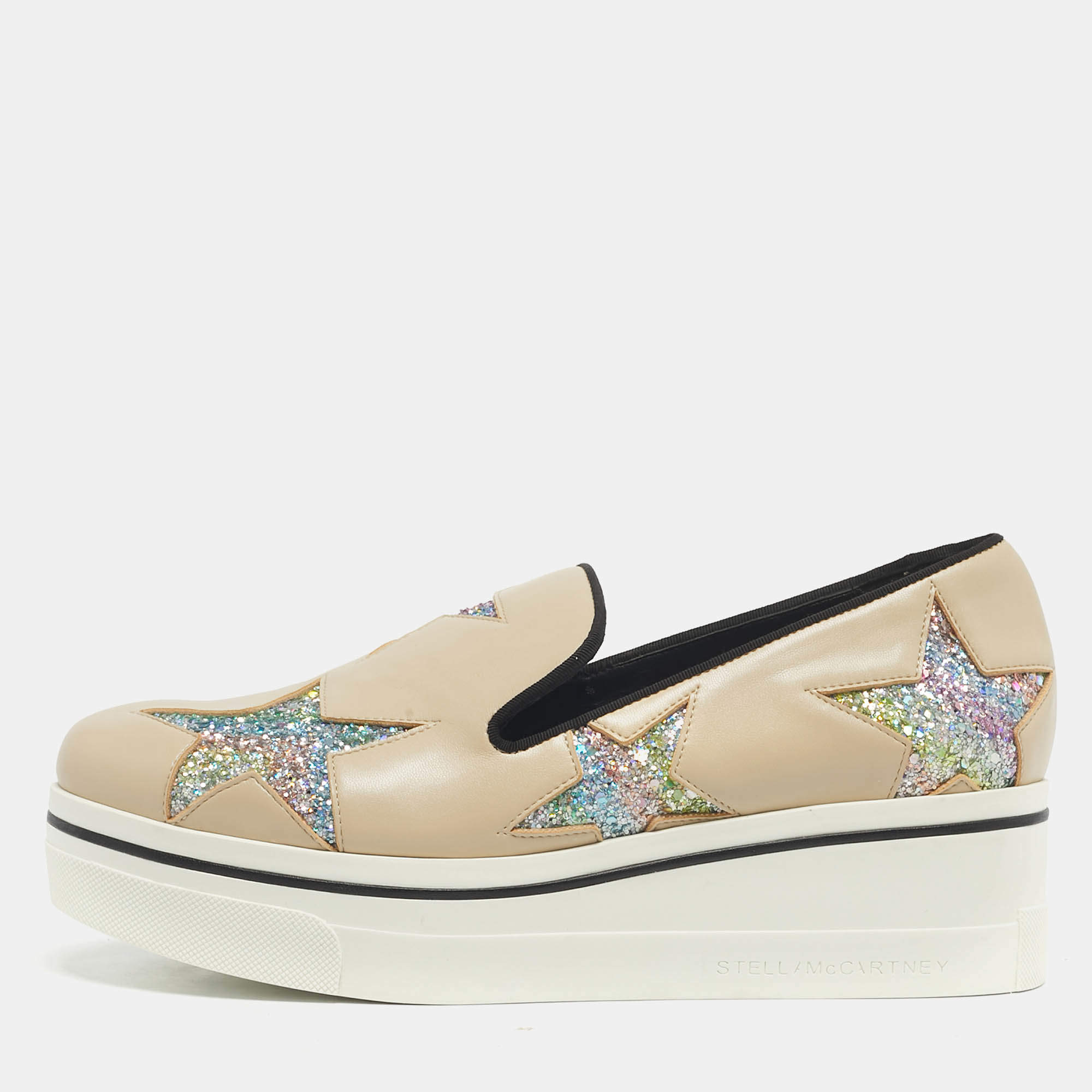 Pre Owned Stella McCartney Beige Faux Leather and Glitter Binx Star Platform Slip On Sneakers Size 39
