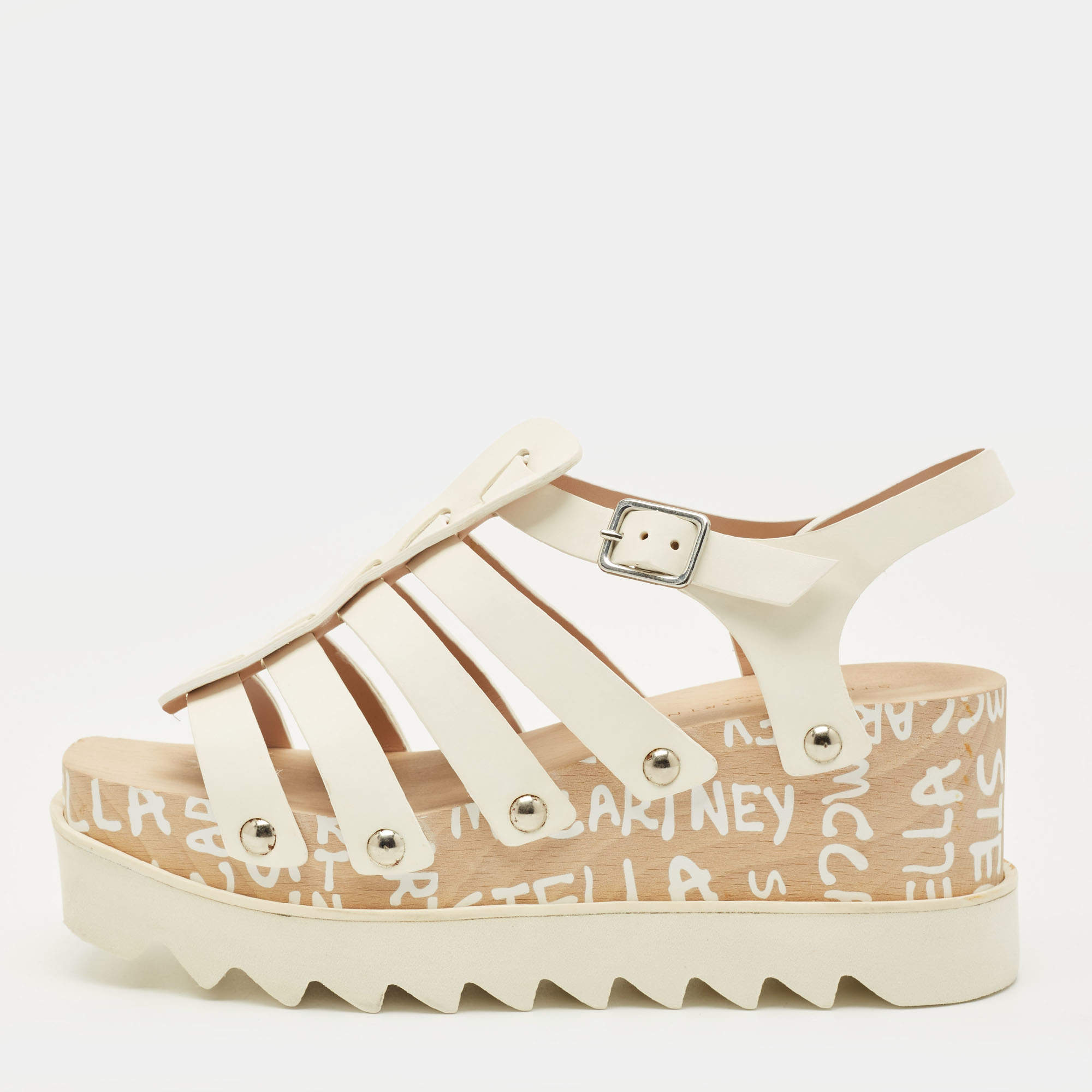 مملوكة مسبقًا صندل ستيلّا مكارتني جلد أبيض إيد كيرتس إديشن إيلسي كعب بحزام للكاحل مقاس 38