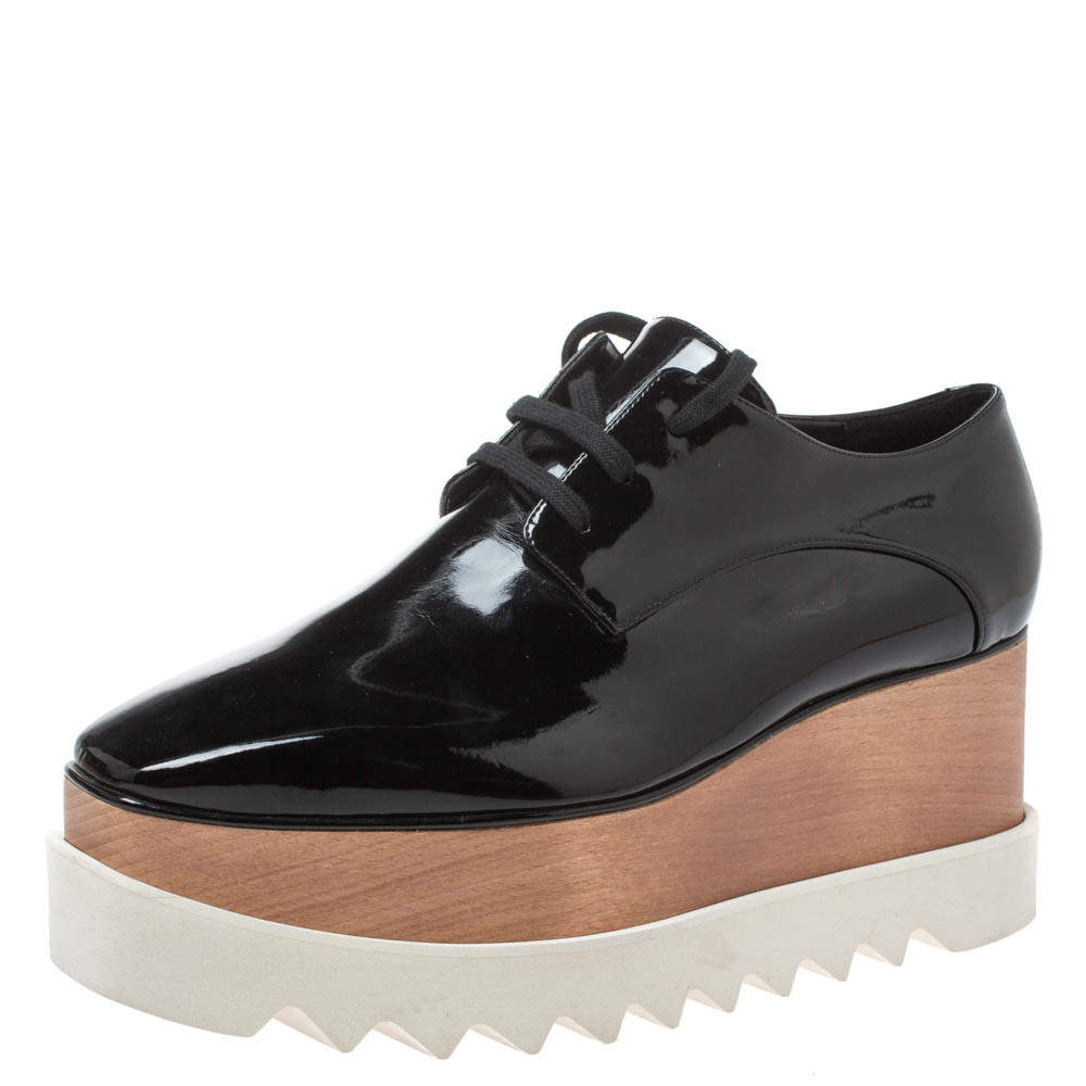 Stella McCartney Black Faux Patent Leather Elyse Platform Derby Sneakers Size 40