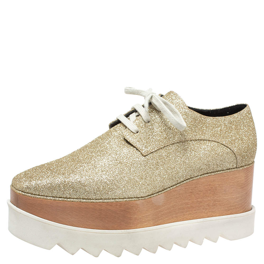 مملوكة مسبقًا Stella McCartney Metallic Gold Glitter Elyse Platform Derby Sneakers Size 40