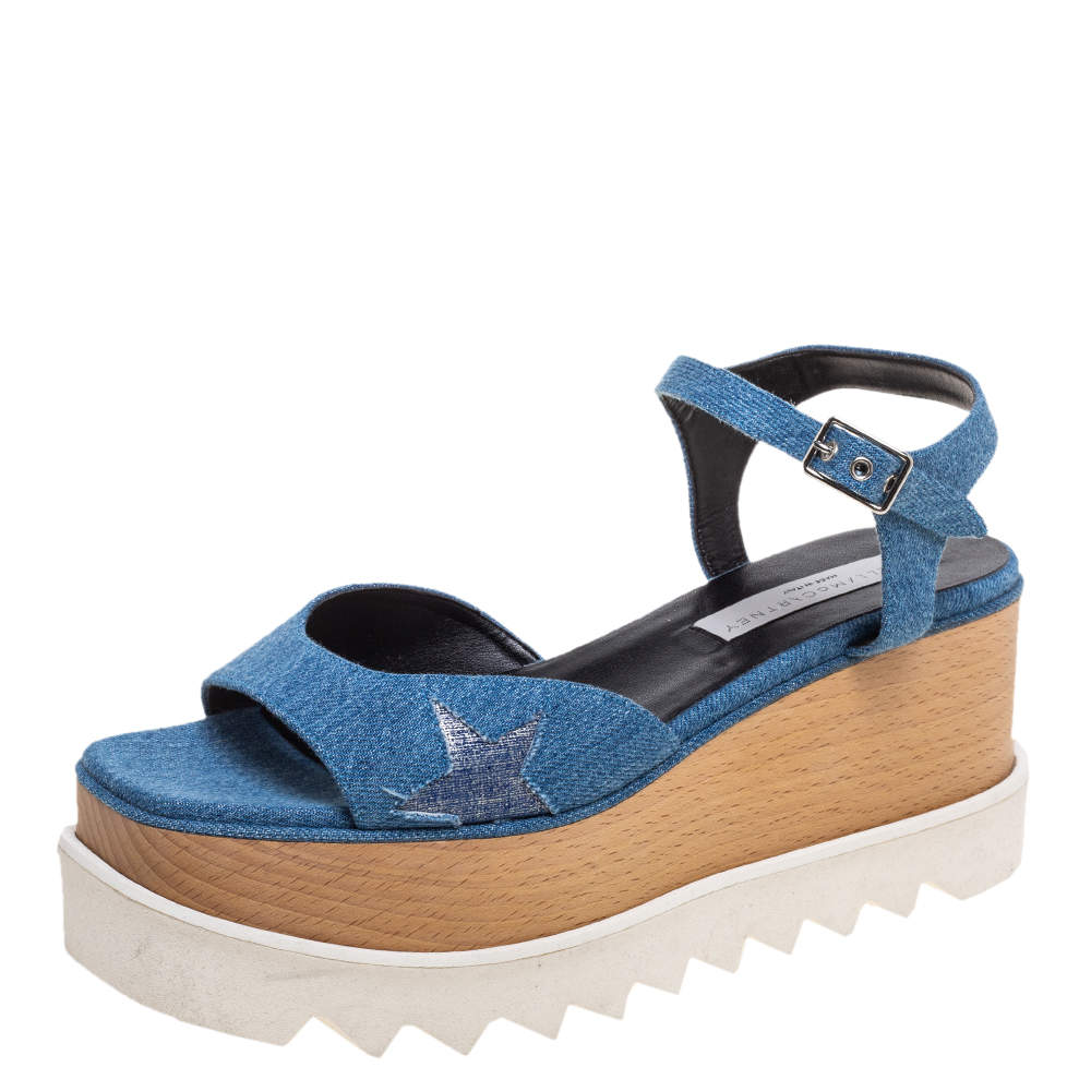 Pre Owned Stella McCartney Blue Denim Elyse Platform Ankle Strap Sandals Size 39.5