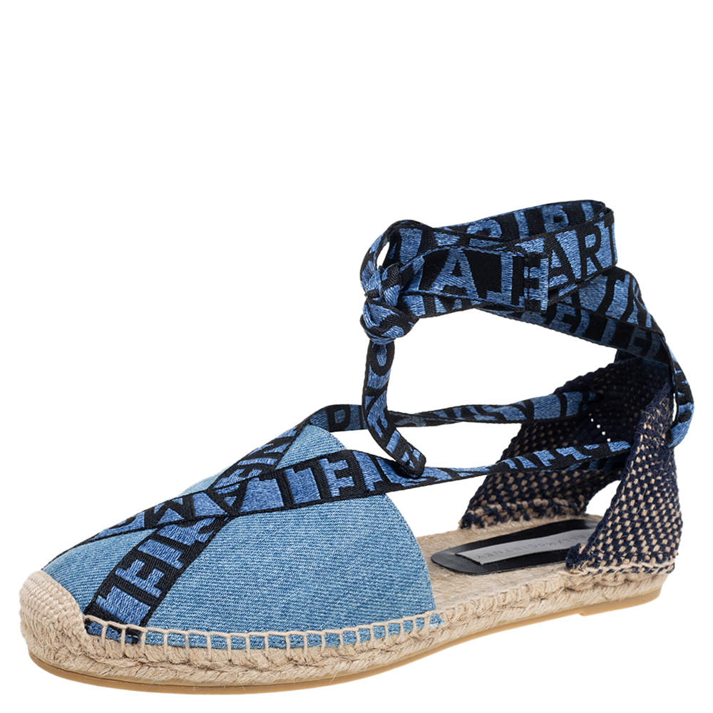 Pre Owned Stella McCartney Blue Canvas Espadrilles Ankle Tie Flats Size 40