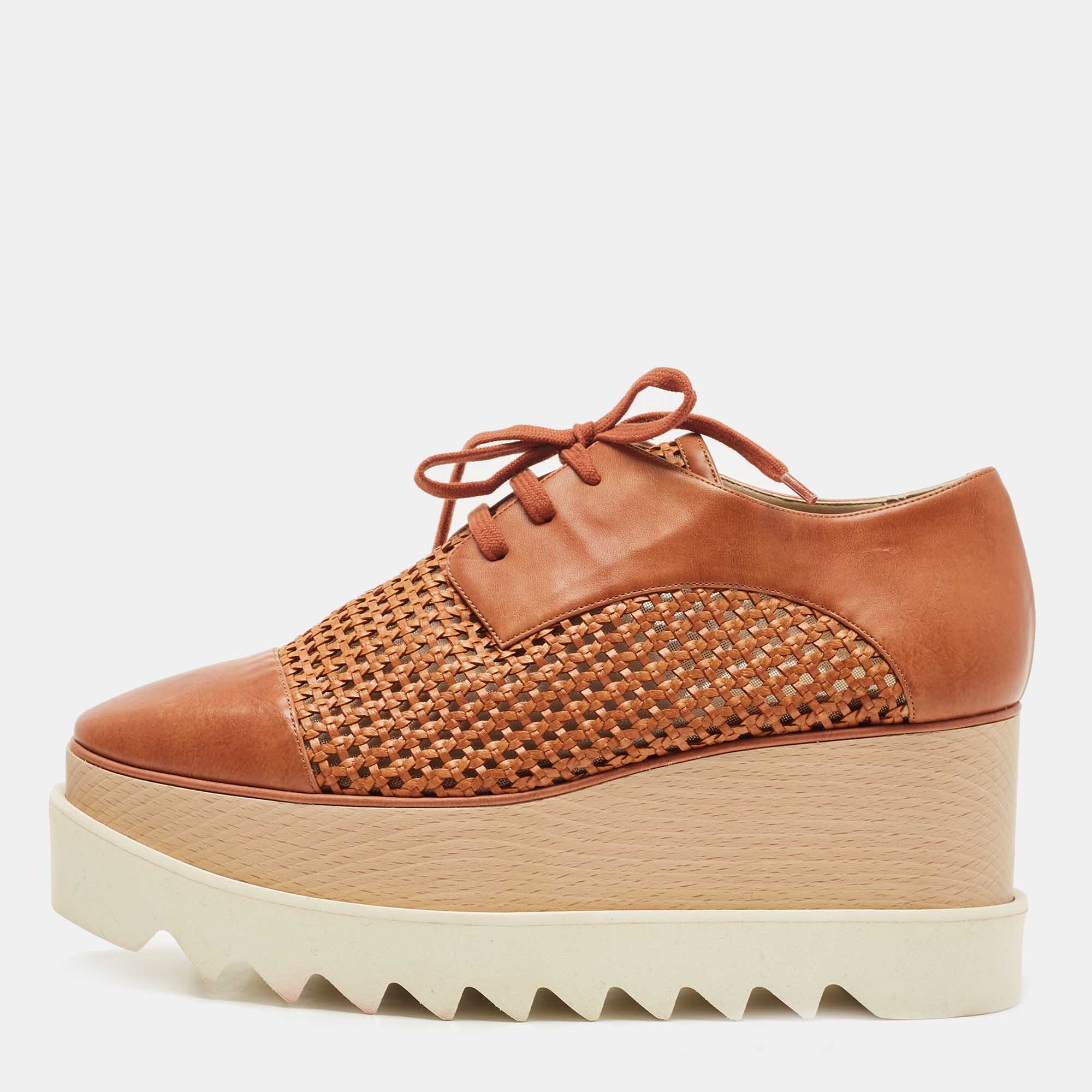 Pre Owned Stella McCartney Brown Faux Cut Out Leather Elyse Platform Derby Sneakers Size 38