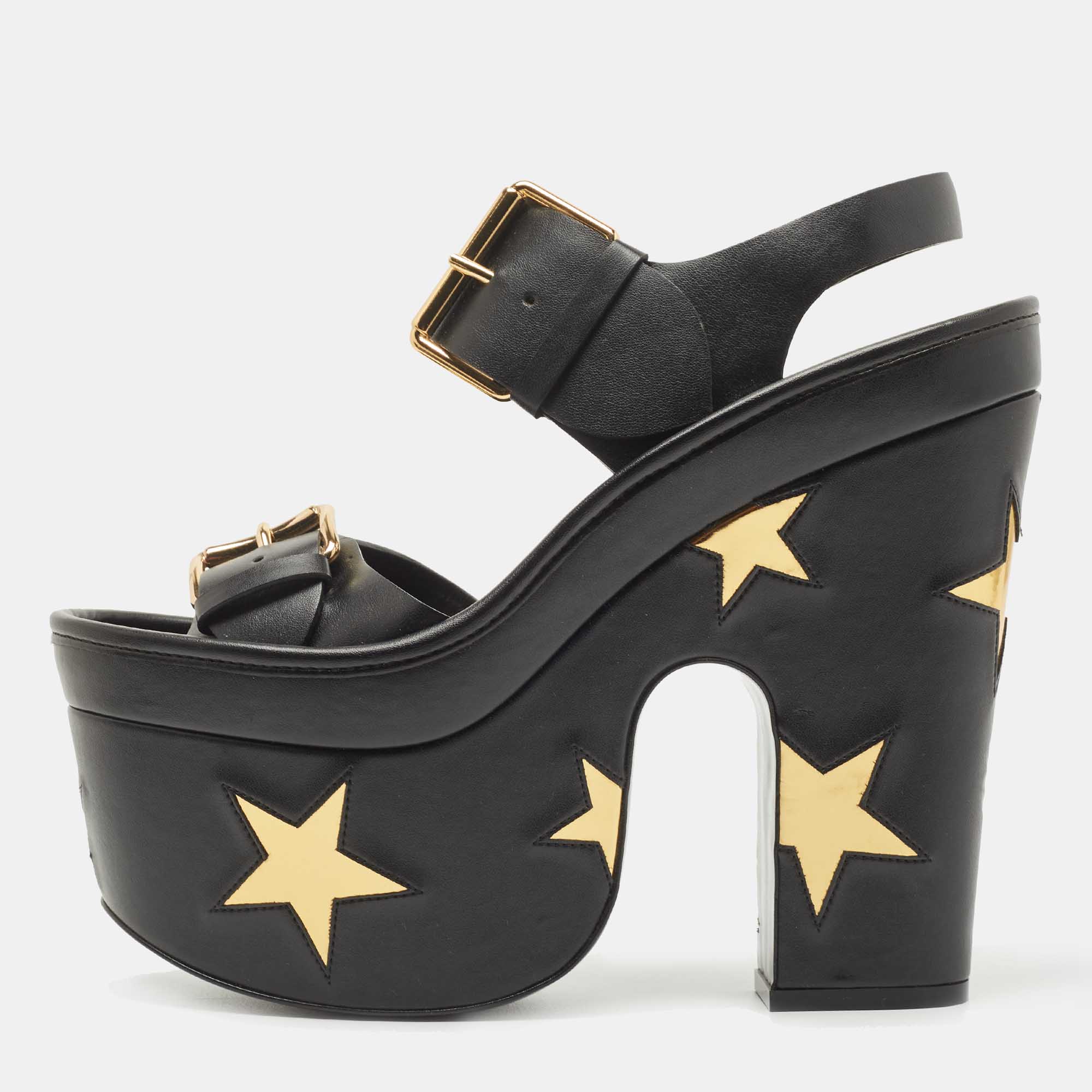 Stella McCartney Black Faux Leather Platform Ankle Strap Sandals Size 38