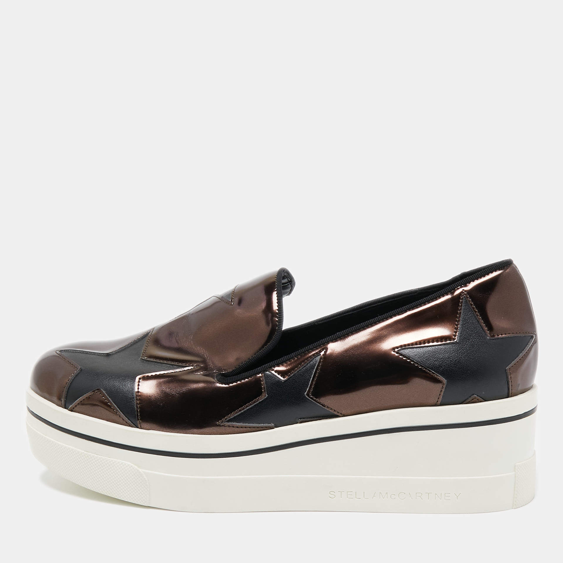 Pre Owned Stella McCartney Metallic Brown/Black Faux Leather Binx Star Platform Slip On Sneakers Size 37