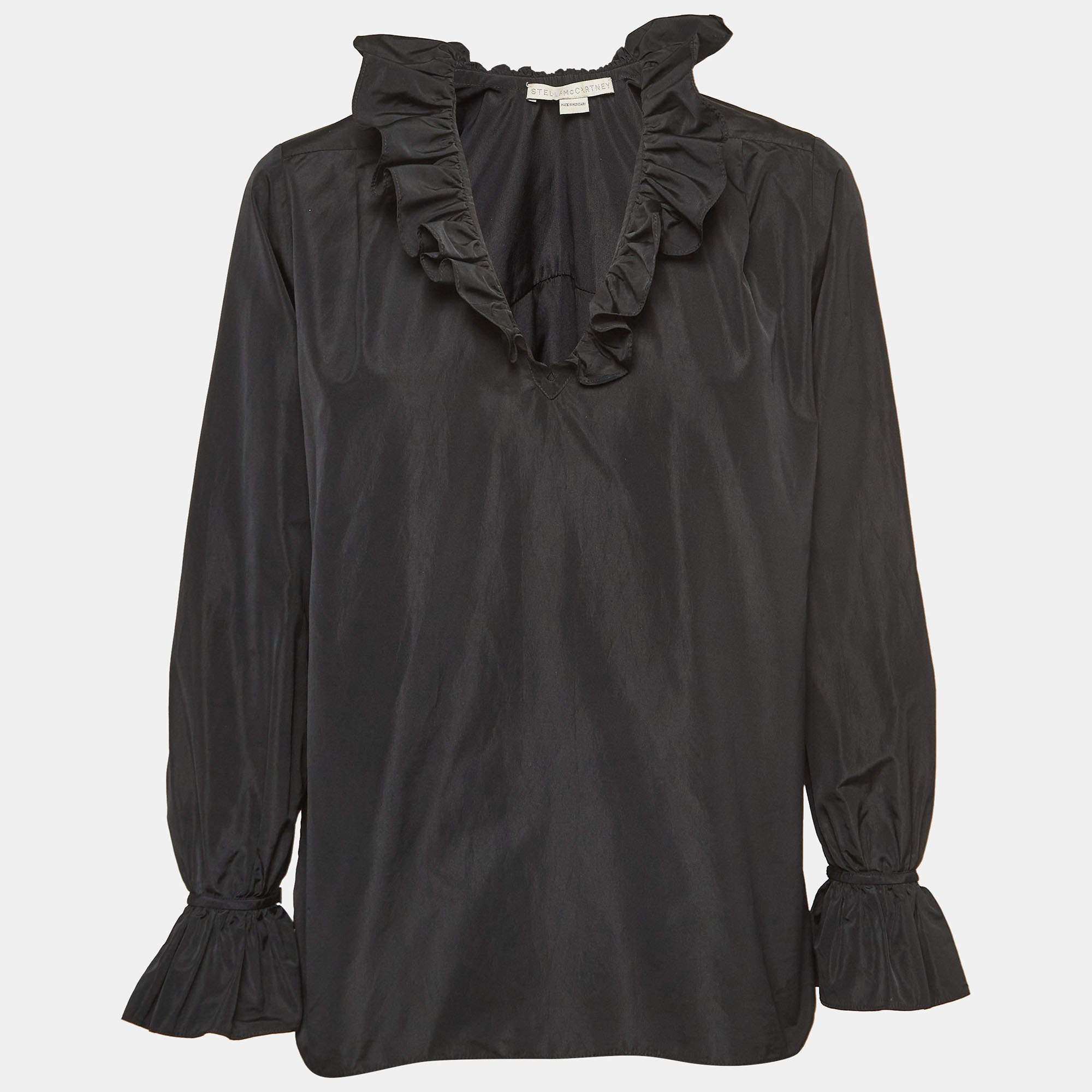 Pre Owned Stella McCartney Black Silk Blend Crepe Ruffled V Neck Top S