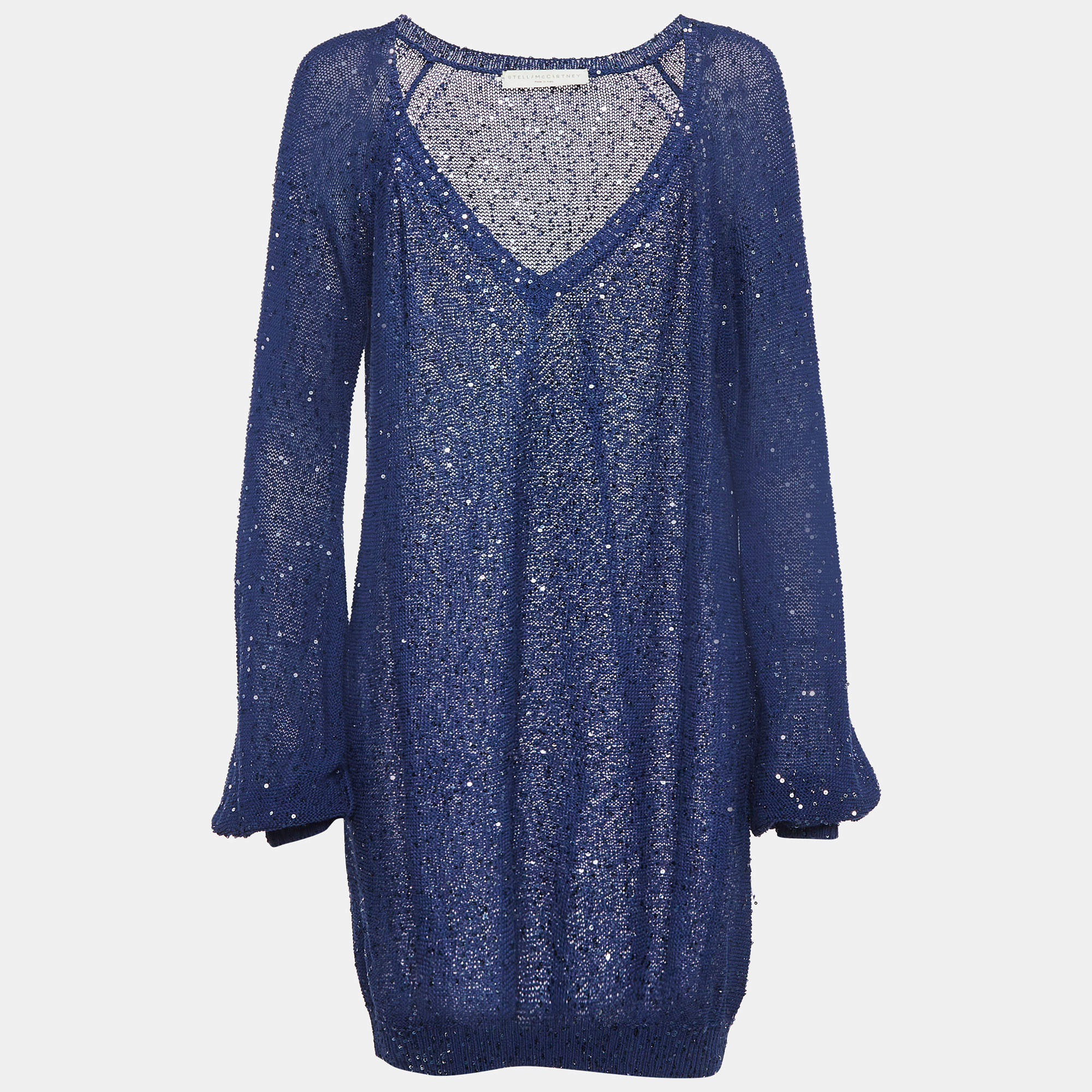 Pre Owned Stella McCartney Navy Blue Sequin Knitted Mini Dress M