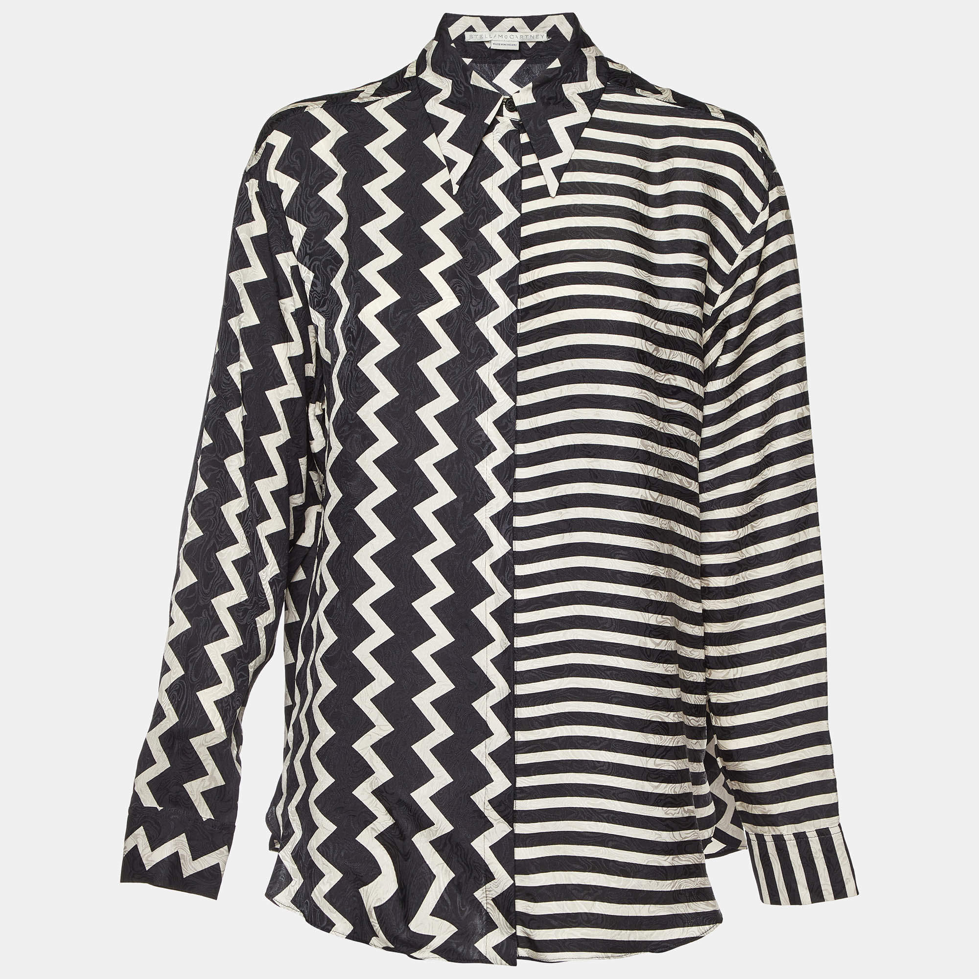 Pre Owned Stella McCartney Black/White Chevron & Stripes Print Jacquard Silk Shirt S