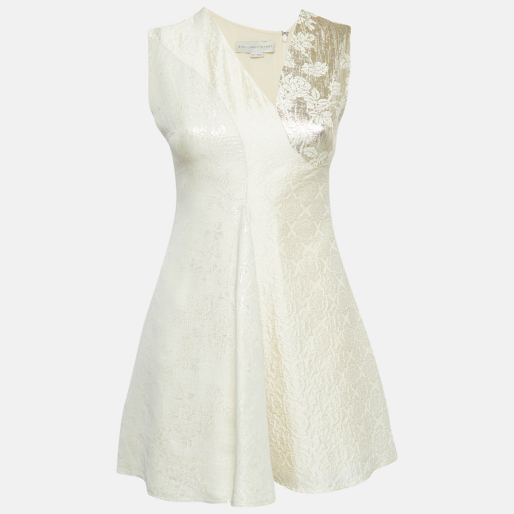 Pre Owned Stella McCartney Cream/Gold Lurex Silk Blend Brocade Sleeveless Mini Dress S