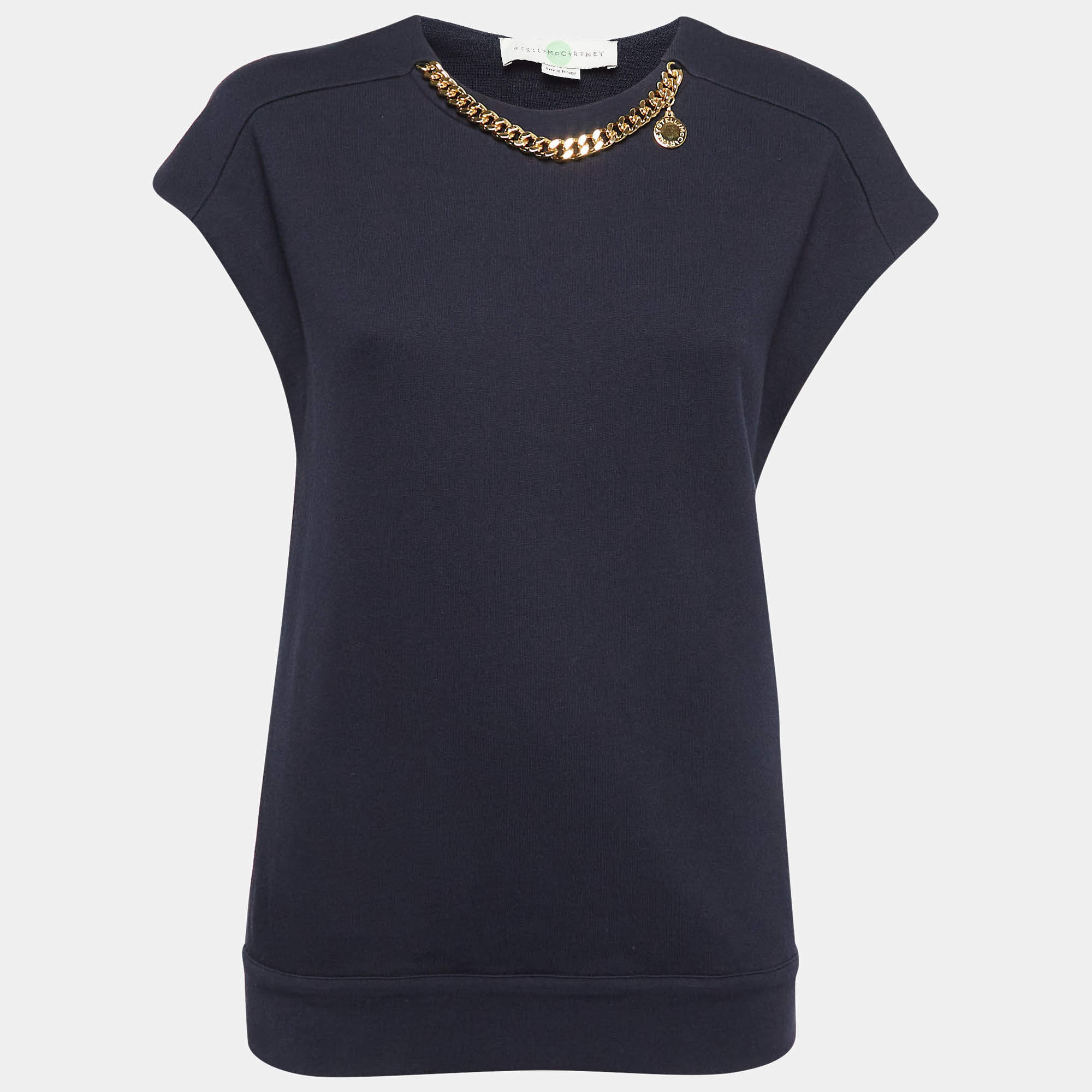 Pre Owned Stella McCartney Navy Blue Rib Embellished Neck Top S