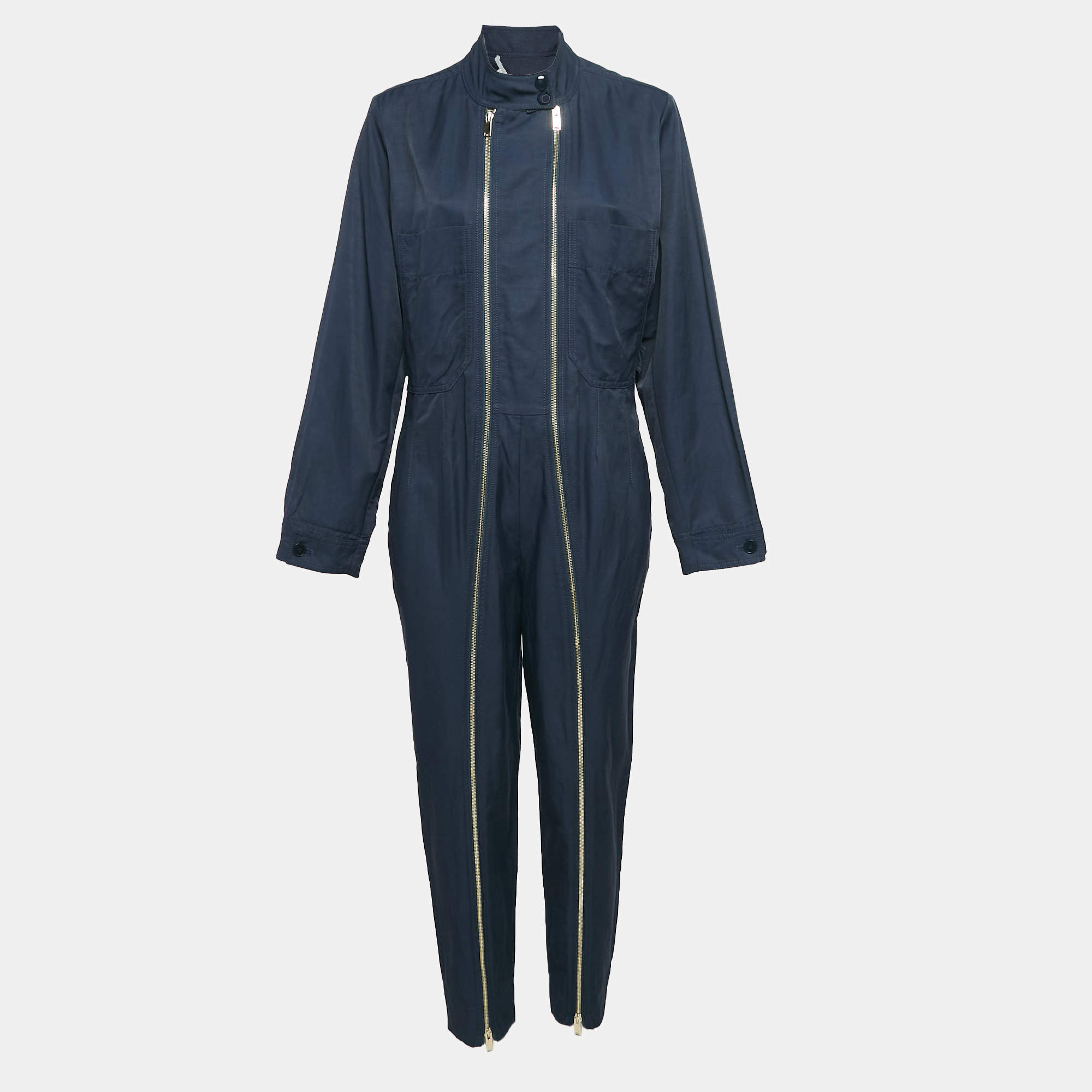 Pre Owned Stella McCartney Navy Blue Cotton Blend Zip Detailed Cargo Jumpsuit S