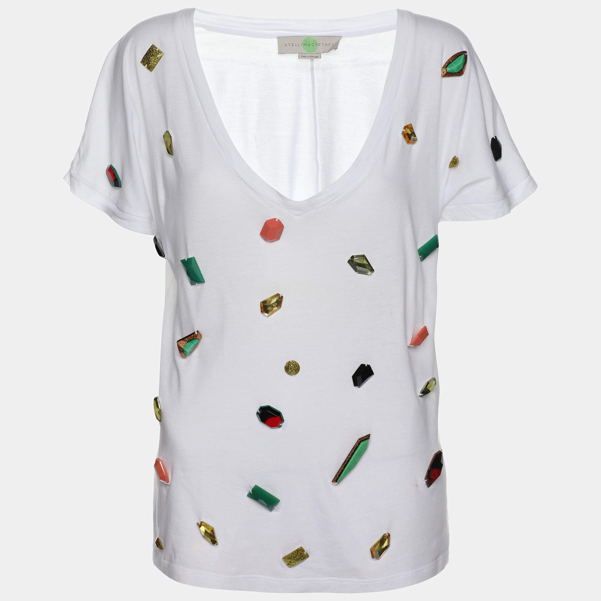 Stella McCartney White Cotton Natural Stones Detail V Neck T-Shirt S