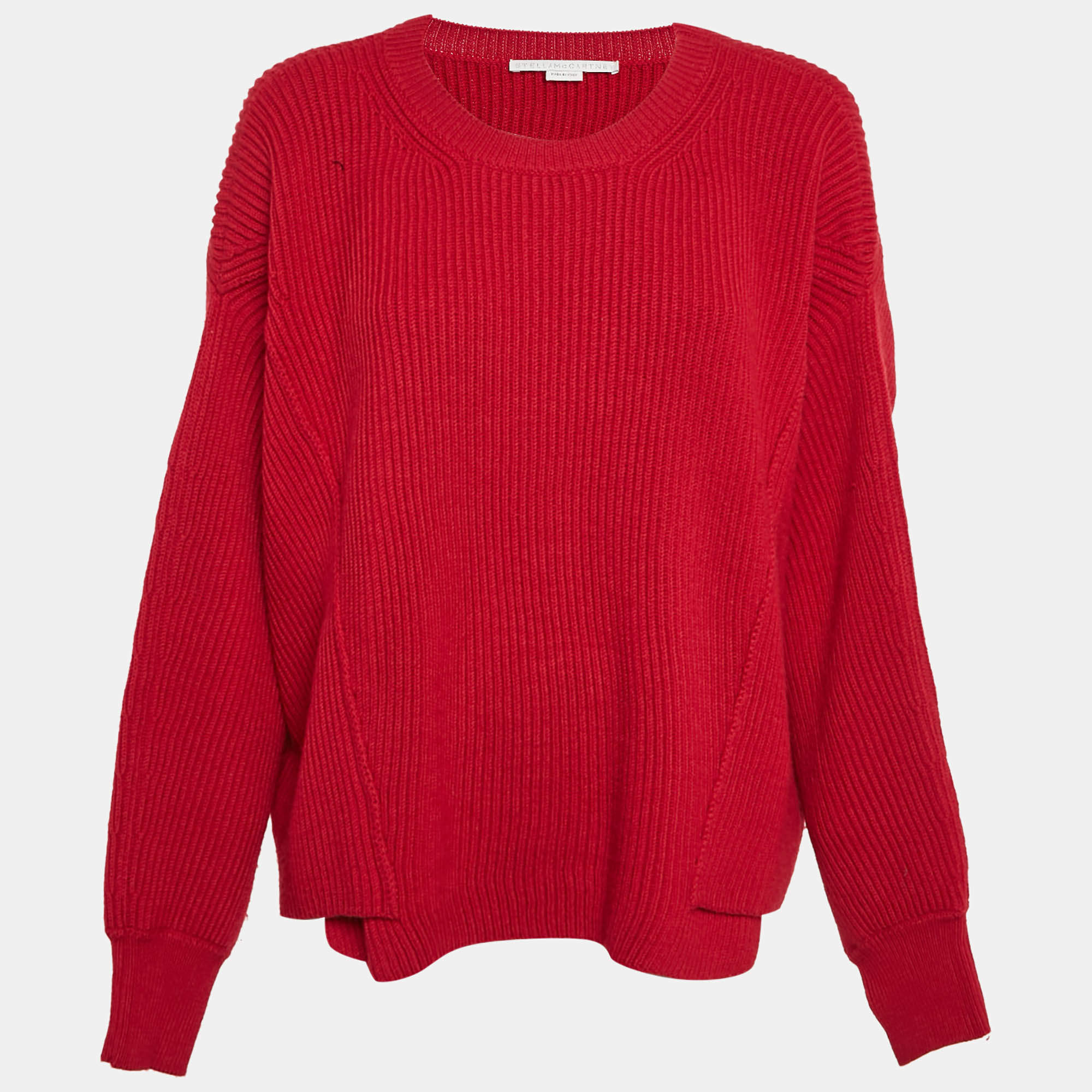 Pre Owned Stella McCartney Red Rib Knit Dolman Sleeve Asymmetric Sweater M