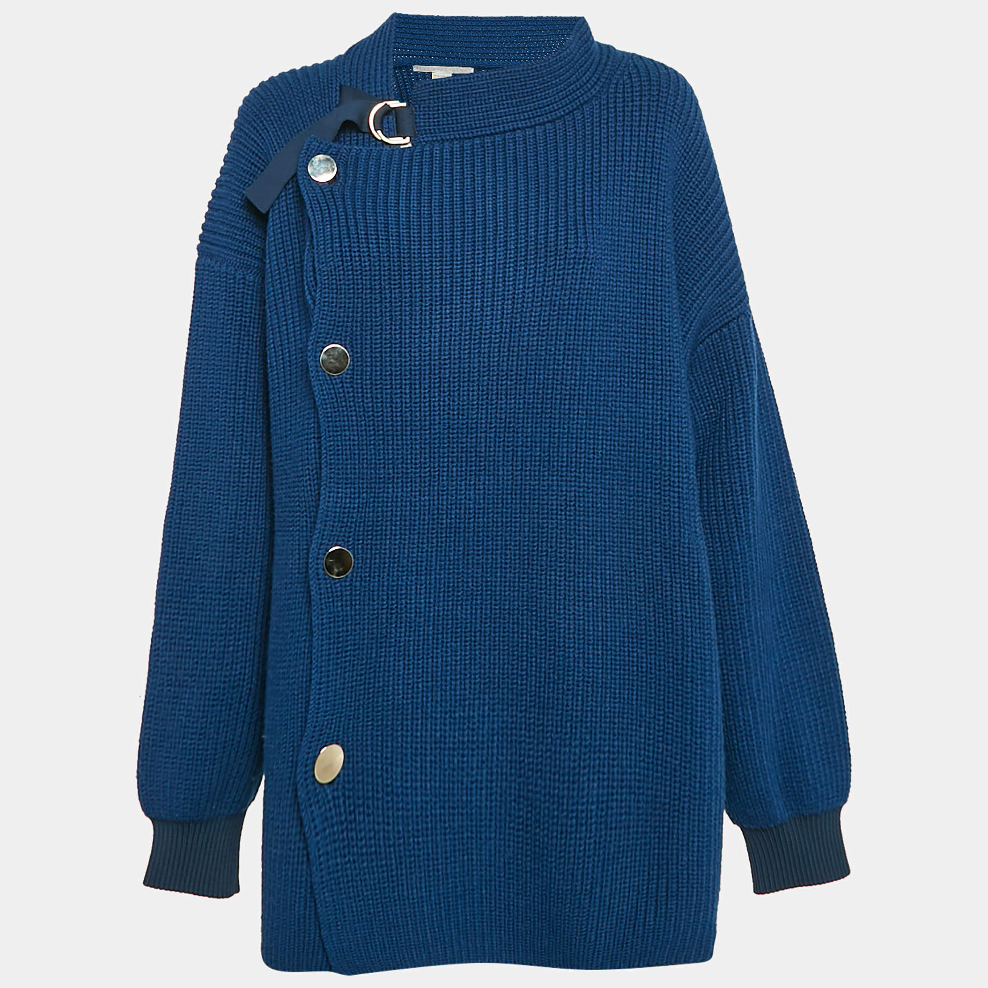 Stella McCartney Blue Rib Knit Asymmetrical Button Oversized Sweater M