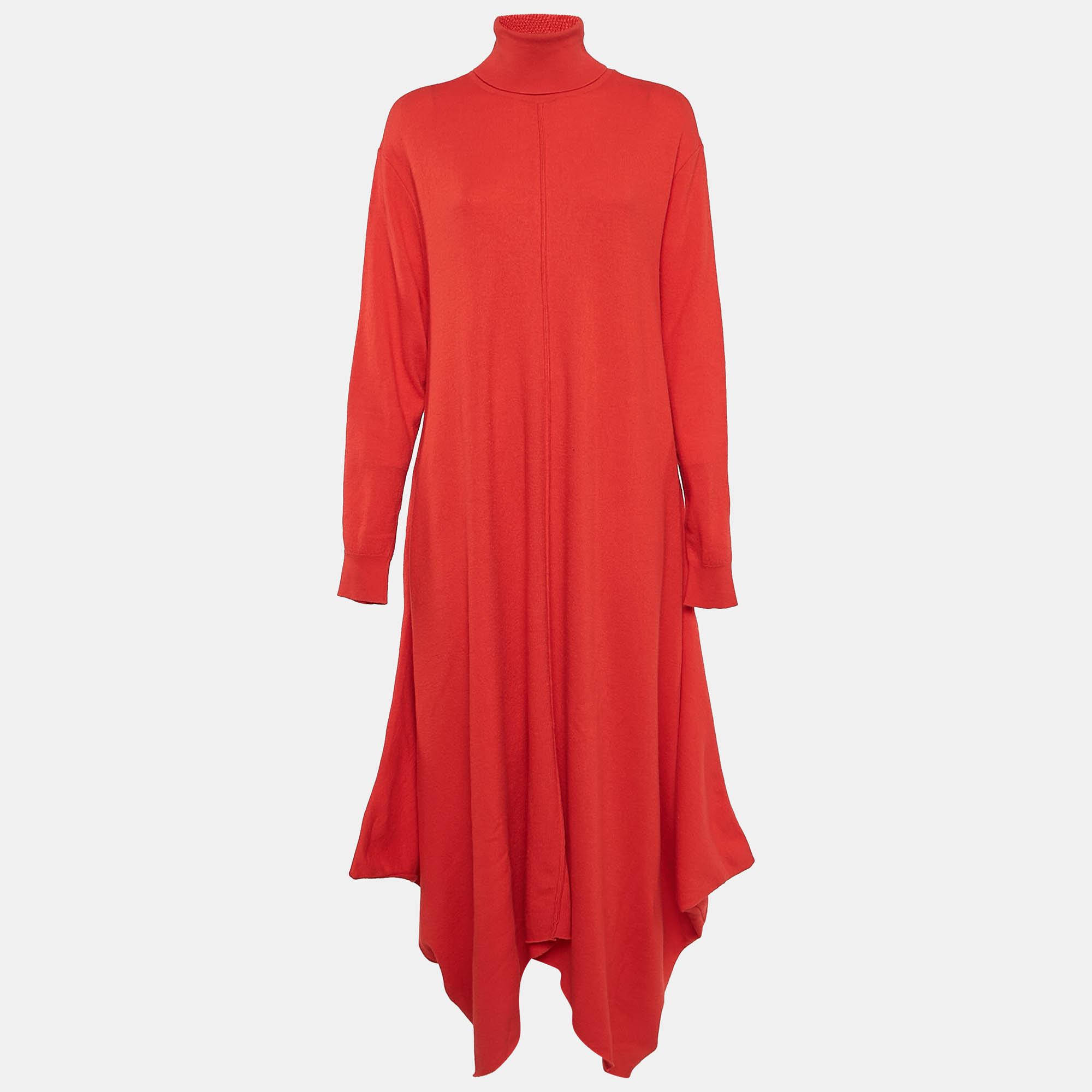 Stella McCartney Red Wool Turtle Neck Asymmetric Long Dress S