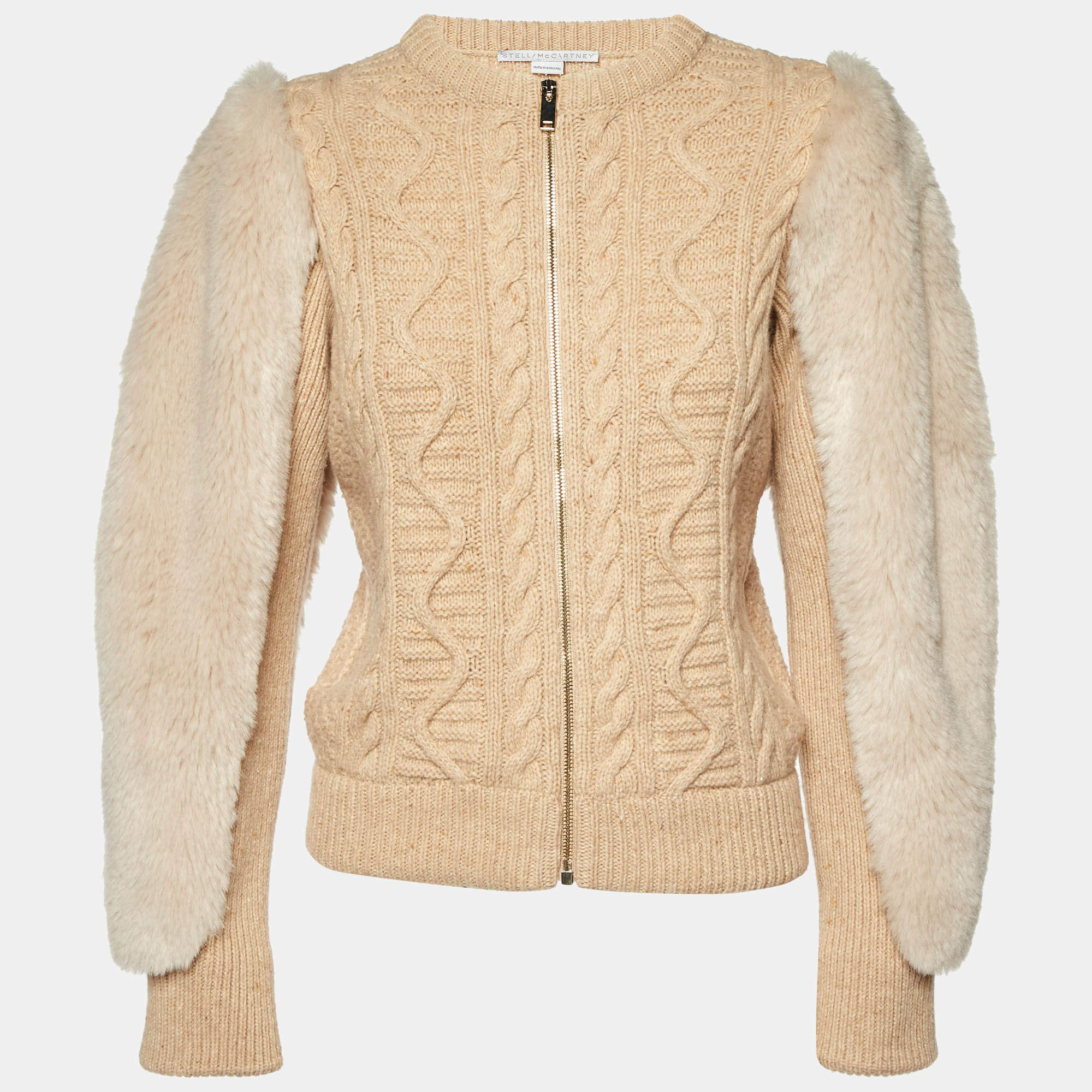 Stella McCartney Beige Cable Knit Wool Zip-Up Cardigan XS