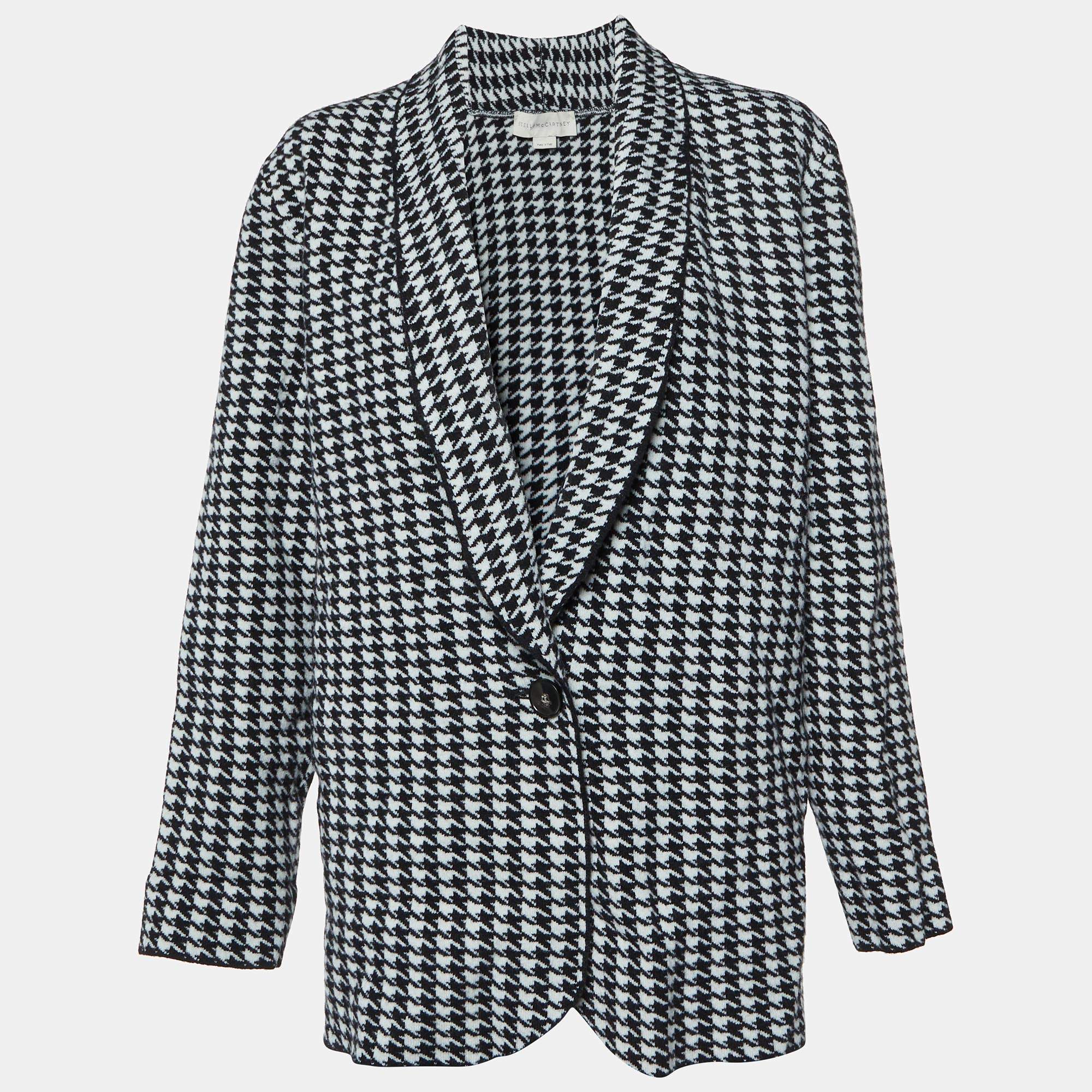 Pre Owned Stella McCartney Black/White Houndstooth Patterned Wool Cardigan M