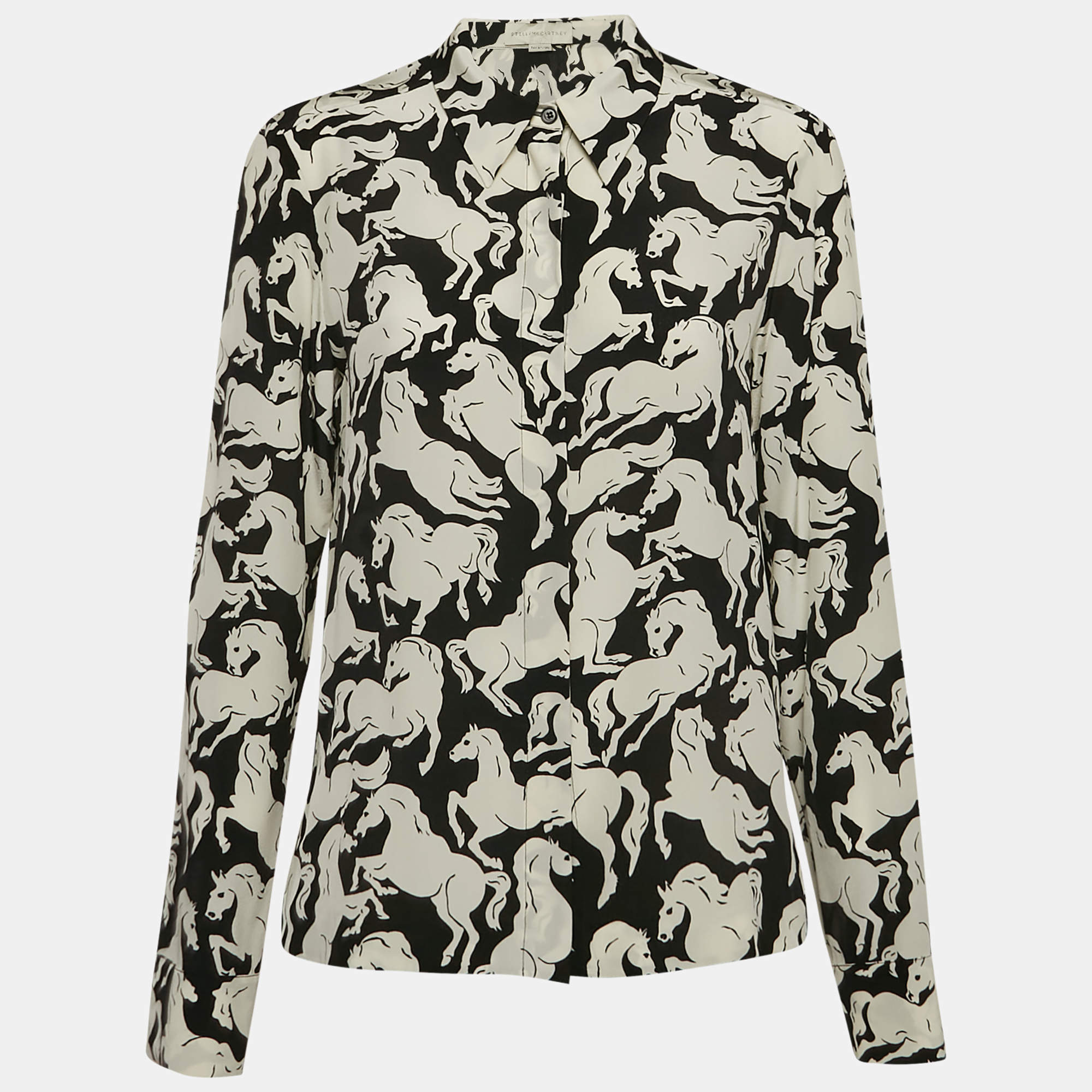 Pre Owned Stella McCartney Black All Over Horse Print Silk Shirt M