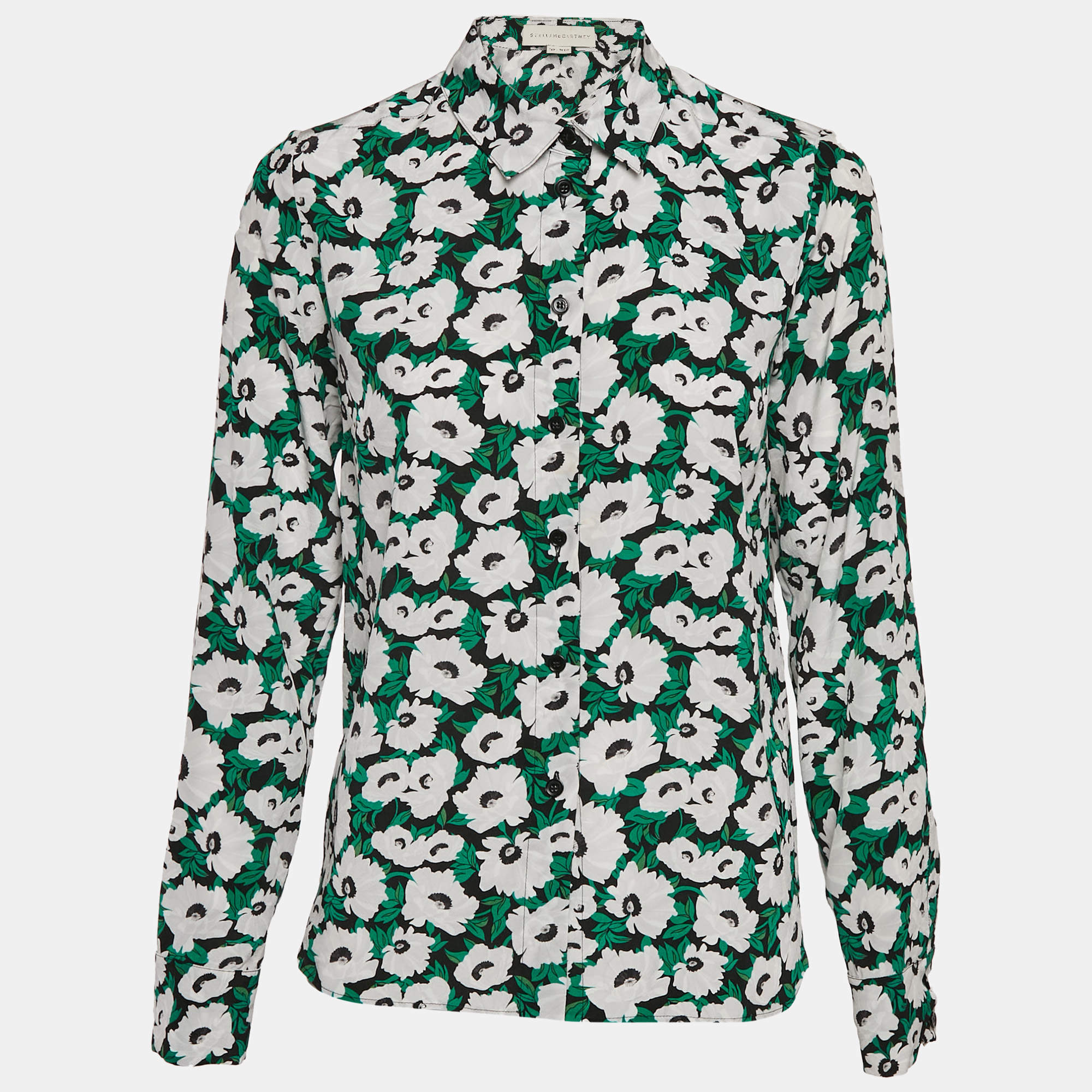 Pre Owned Stella McCartney Green Floral Print Silk Long Sleeve Shirt S