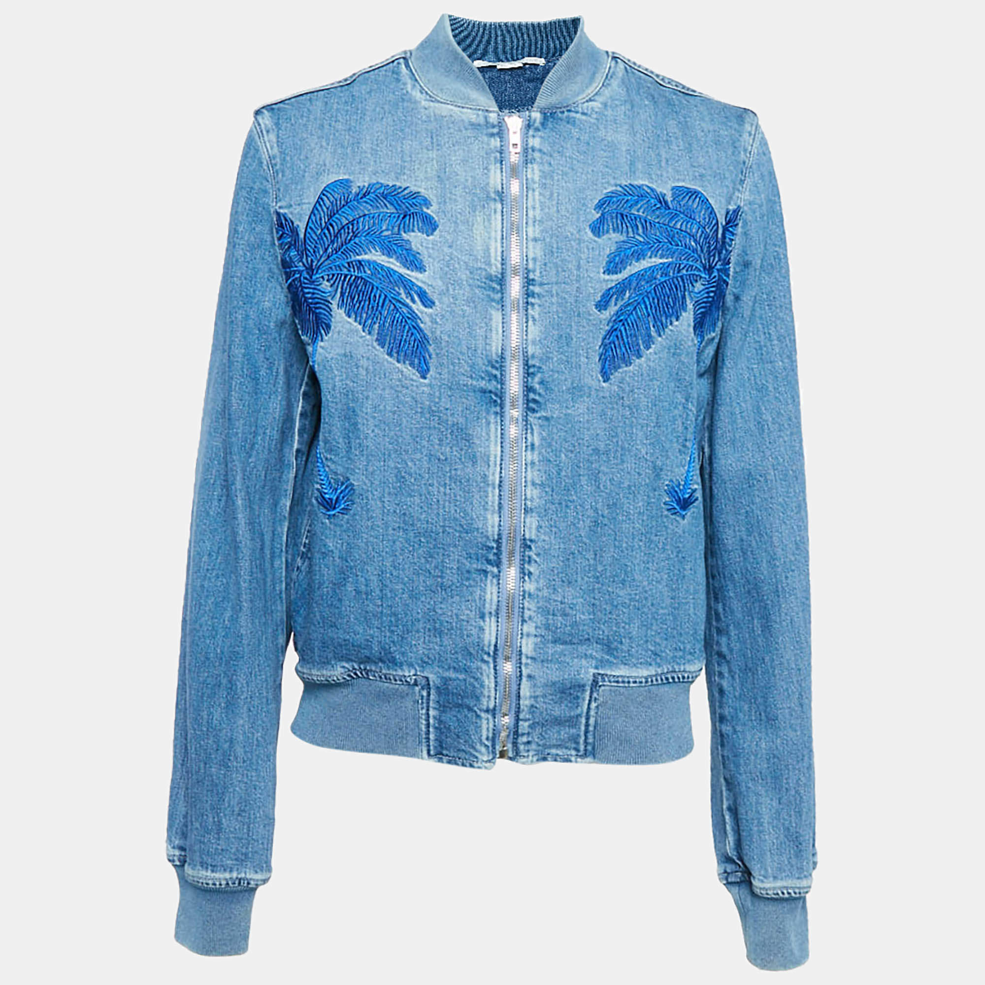 Pre Owned Stella McCartney Blue Palm Tree Embroidered Denim Zip-Up Jacket M