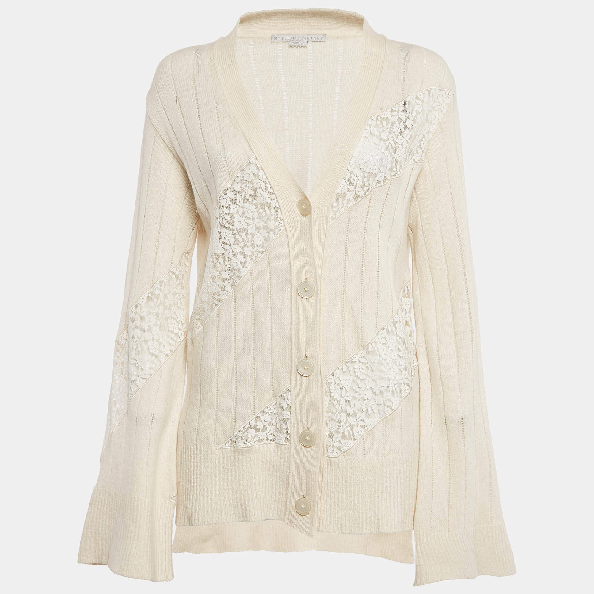 Pre Owned Stella McCartney Cream Cashmere Lace Detail Button Front Cardigan M