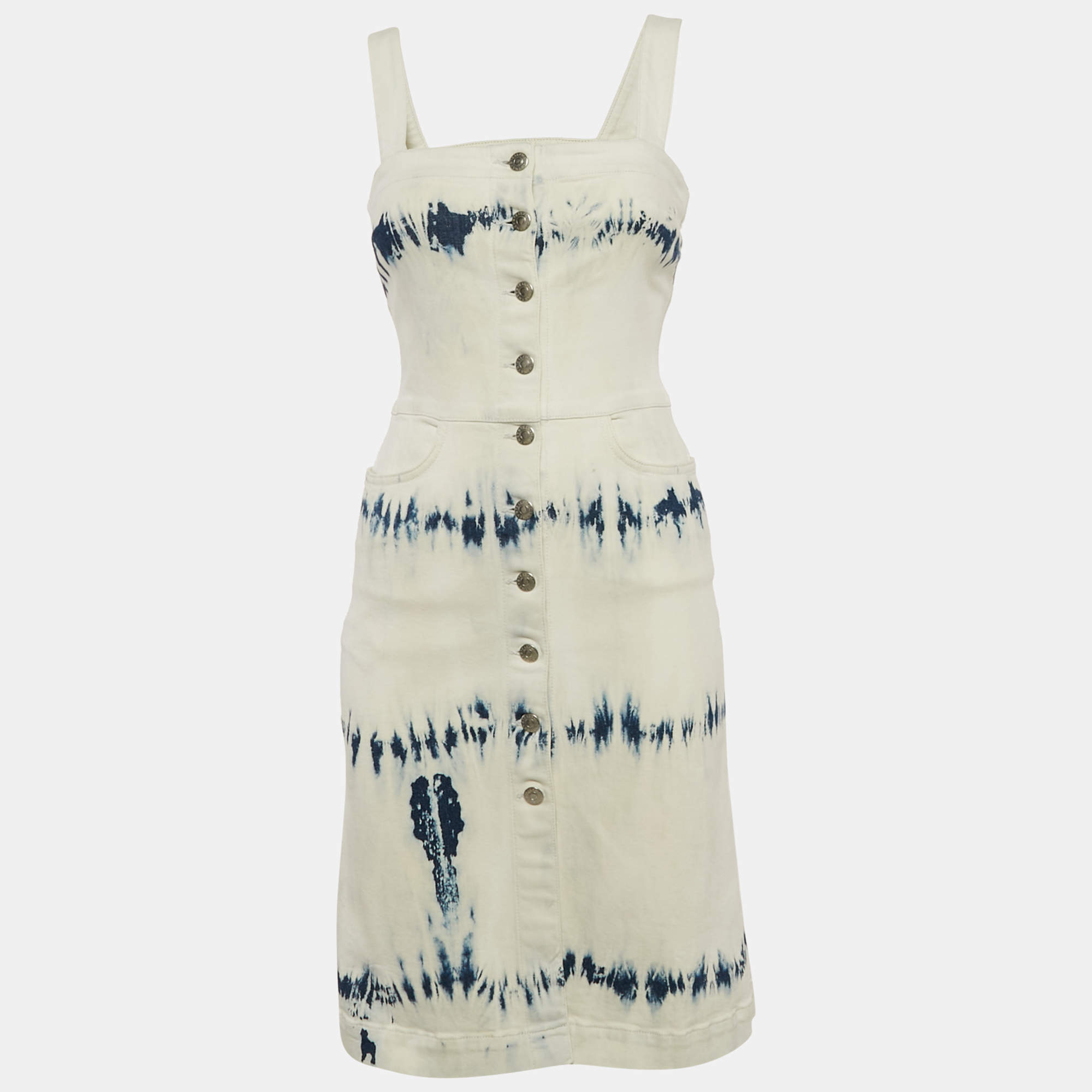 Pre Owned Stella McCartney White/Blue Tie-Dye Denim Button Front Mini Dress S