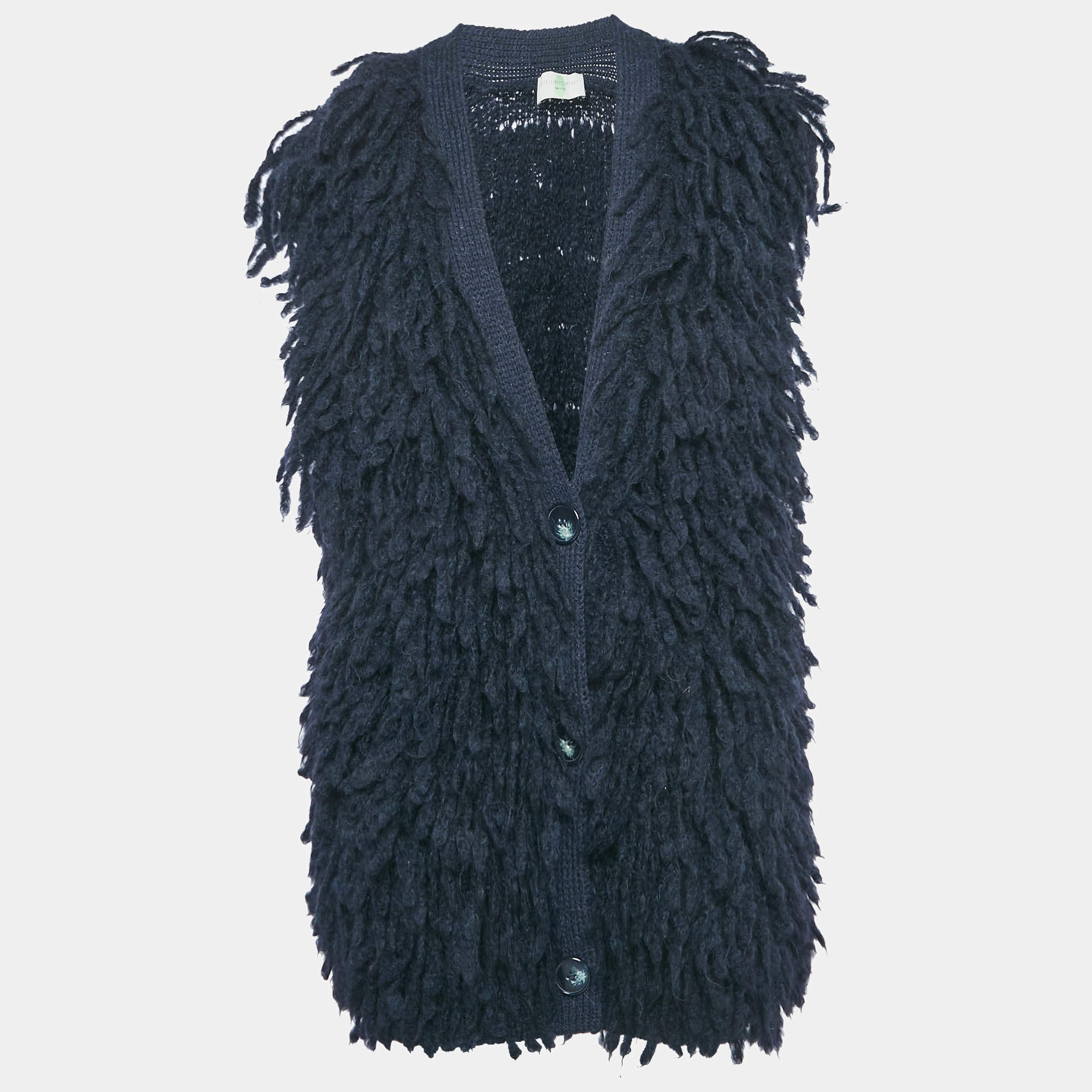 Stella McCartney Navy Blue Wool Fringed Sleeveless Cardigan S