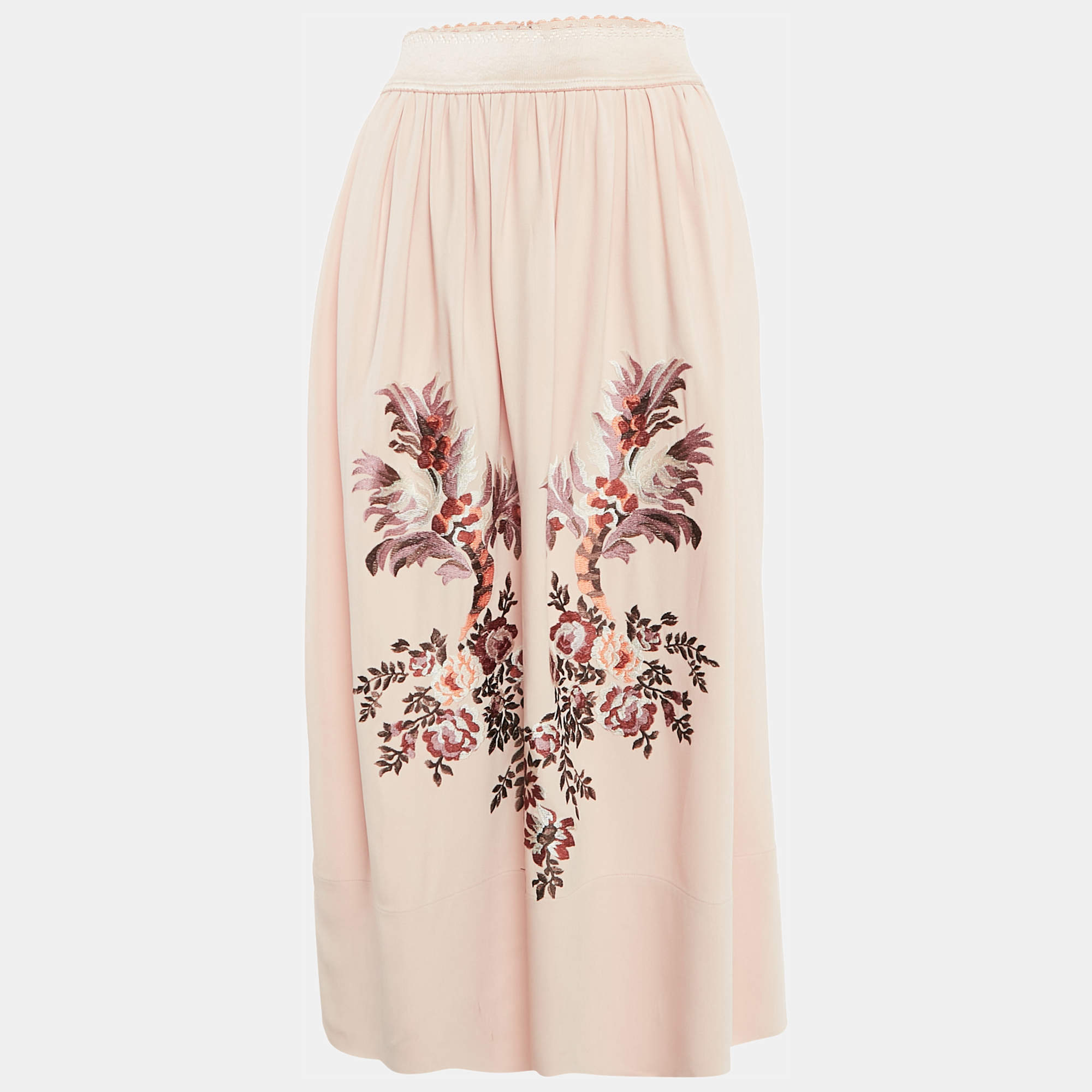 Pre Owned Stella McCartney Pink Floral Embroidered Crepe Gathered Midi Skirt XS