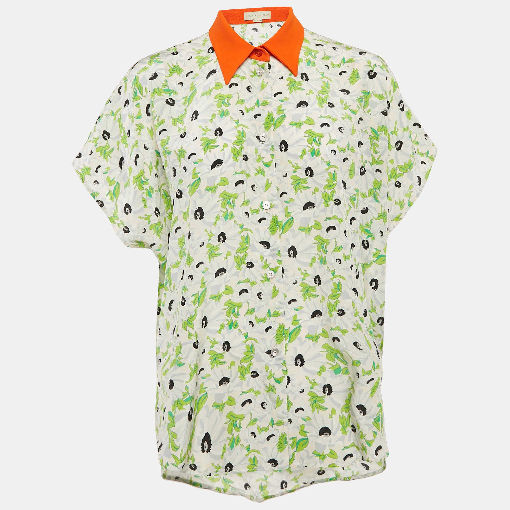 Pre Owned Stella McCartney Green Floral Print Silk Kaftan Style Shirt XS