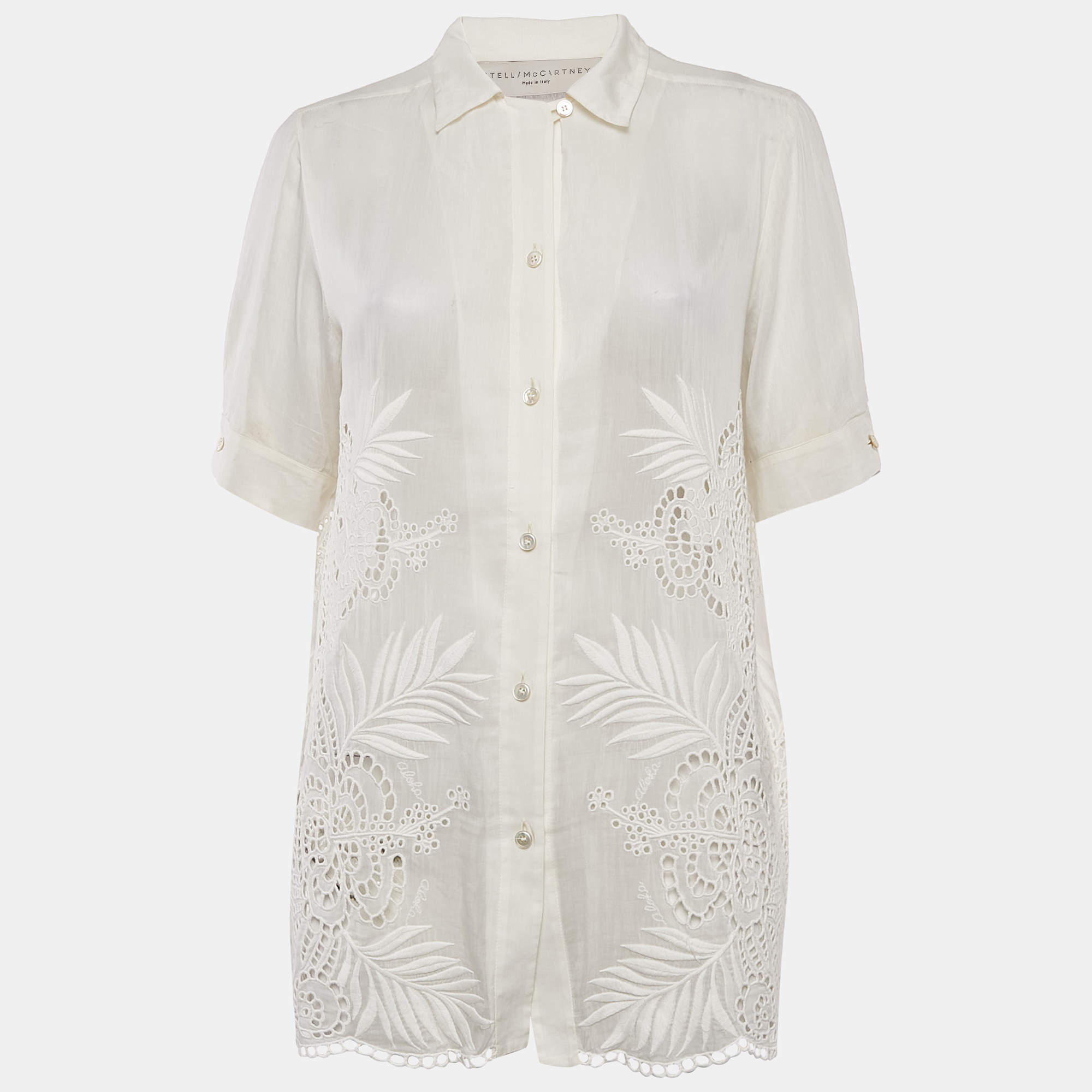 Stella McCartney White Embroidered Cambric Cotton Blend Button Front Blouse M