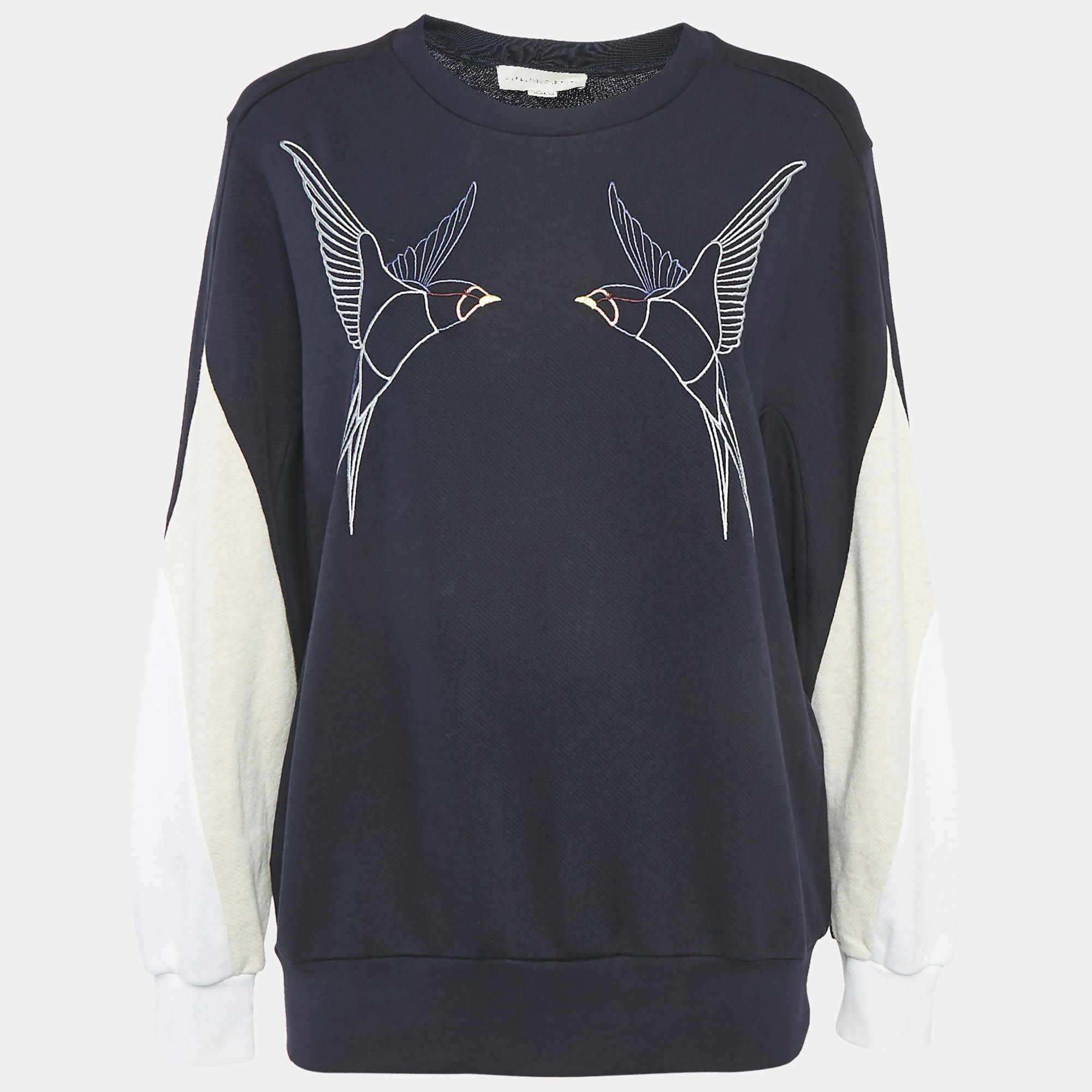 Stella McCartney Navy Blue Swallow Embroidered Cotton Knit Crewneck Sweatshirt S