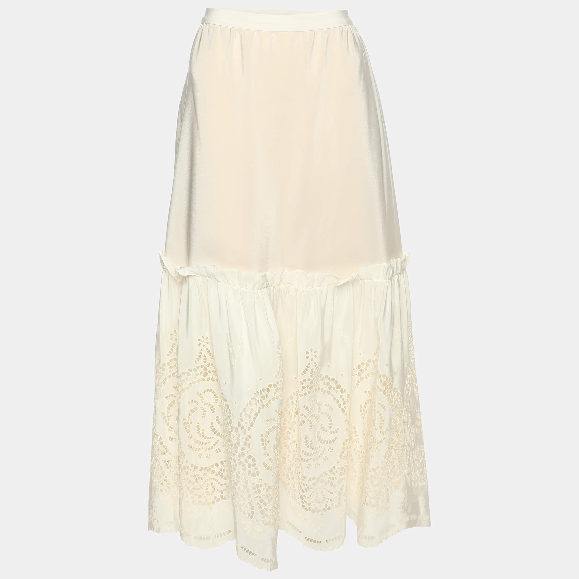Stella McCartney Light Blush Pink Silk Broderie Anglaise Long Skirt M