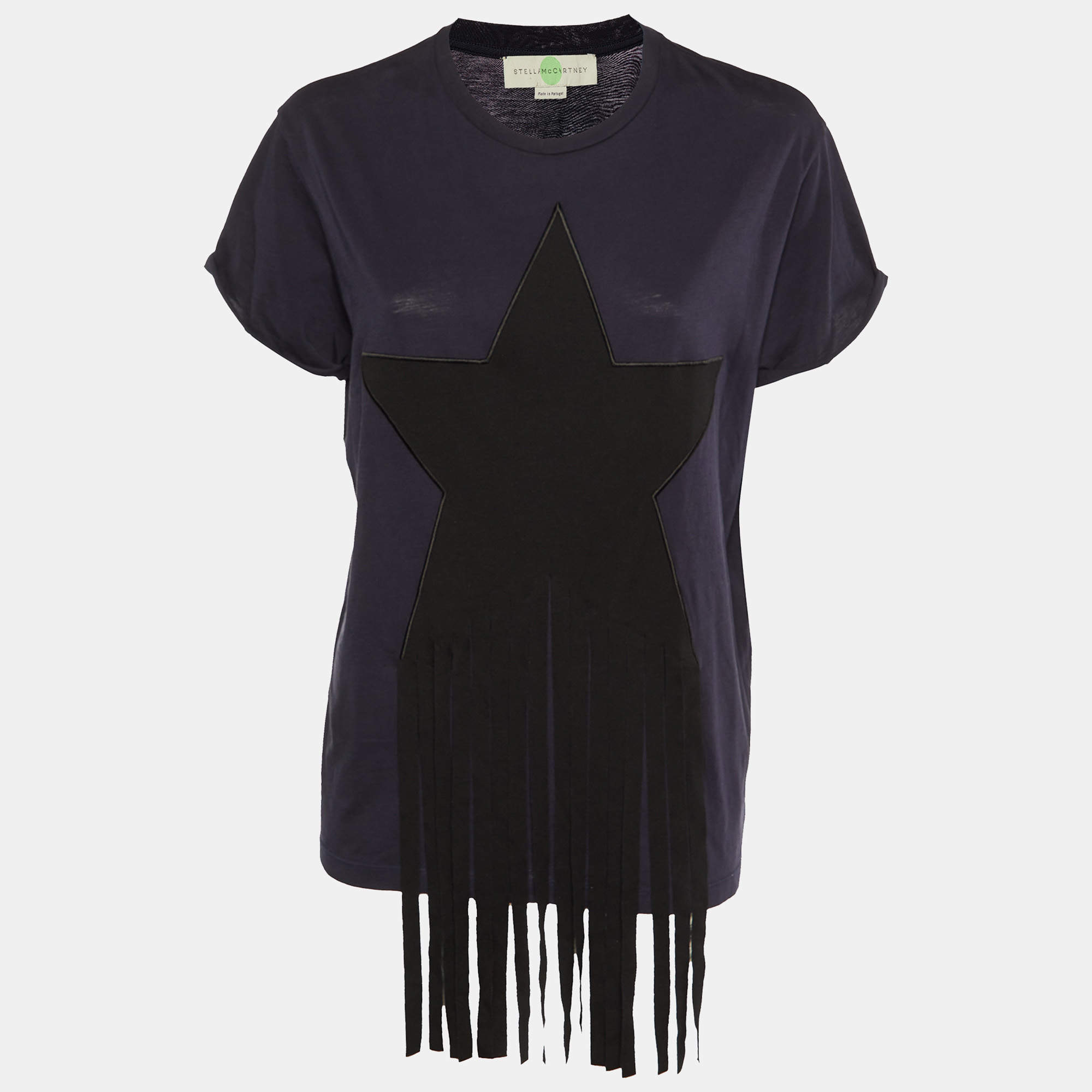 Pre Owned Stella McCartney Navy Blue Cotton Knit Stra Fringed T-Shirt M