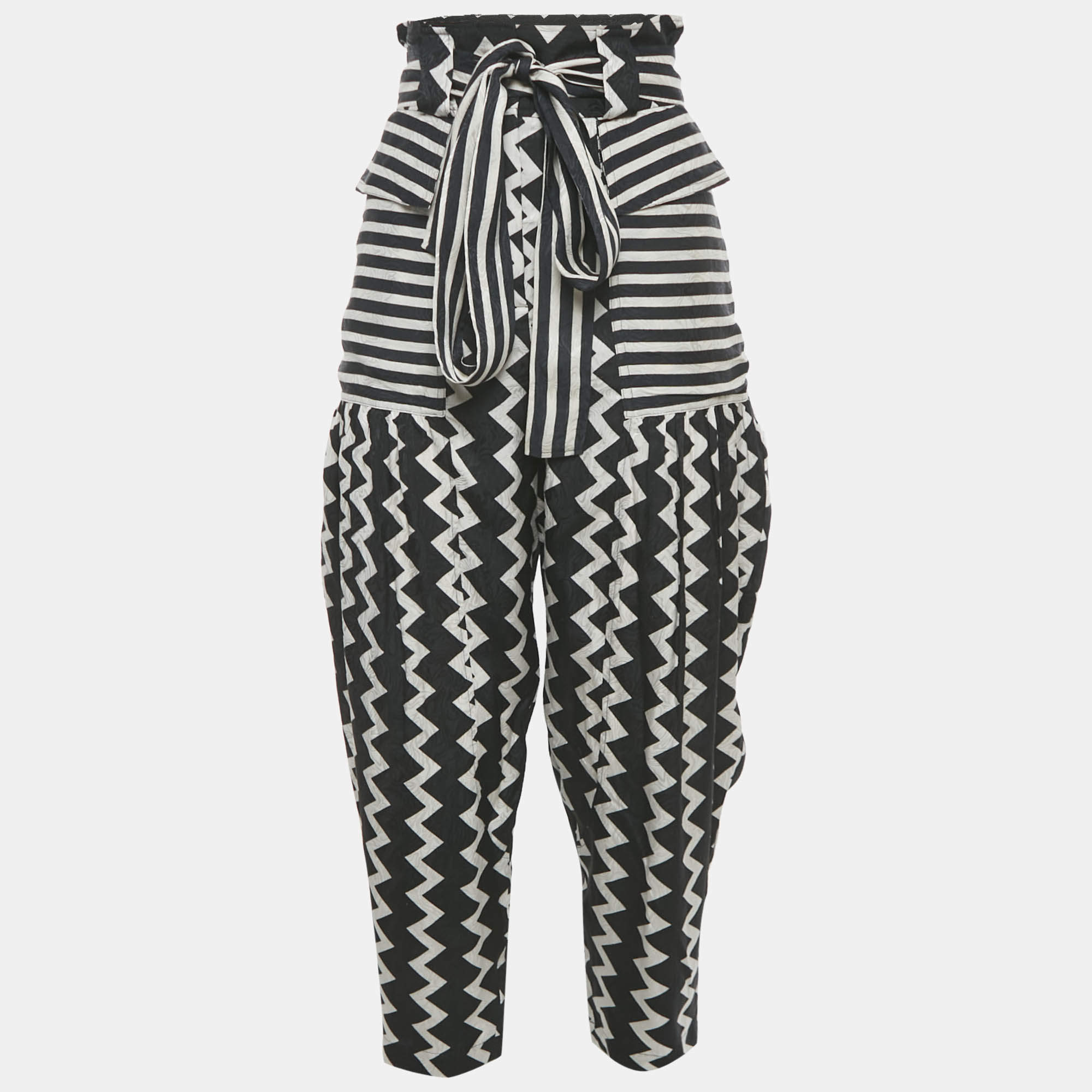 Pre Owned Stella McCartney Black/White Striped Jacquard Silk Belted Trousers S
