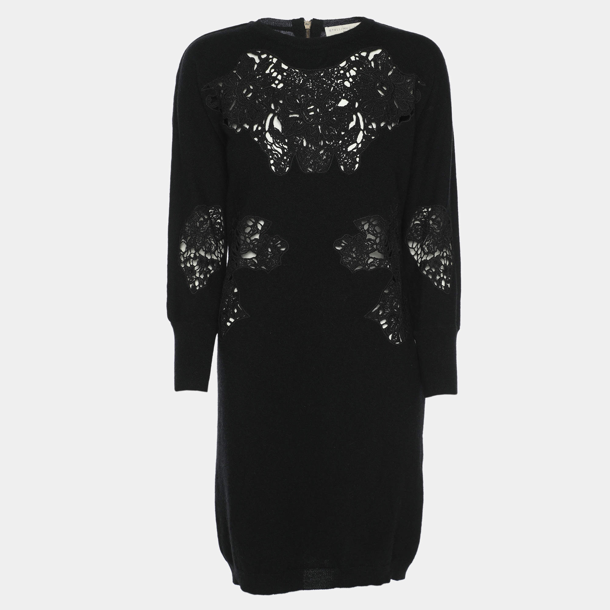Pre Owned Stella McCartney Black Wool Knit Floral Embroidered Dress M
