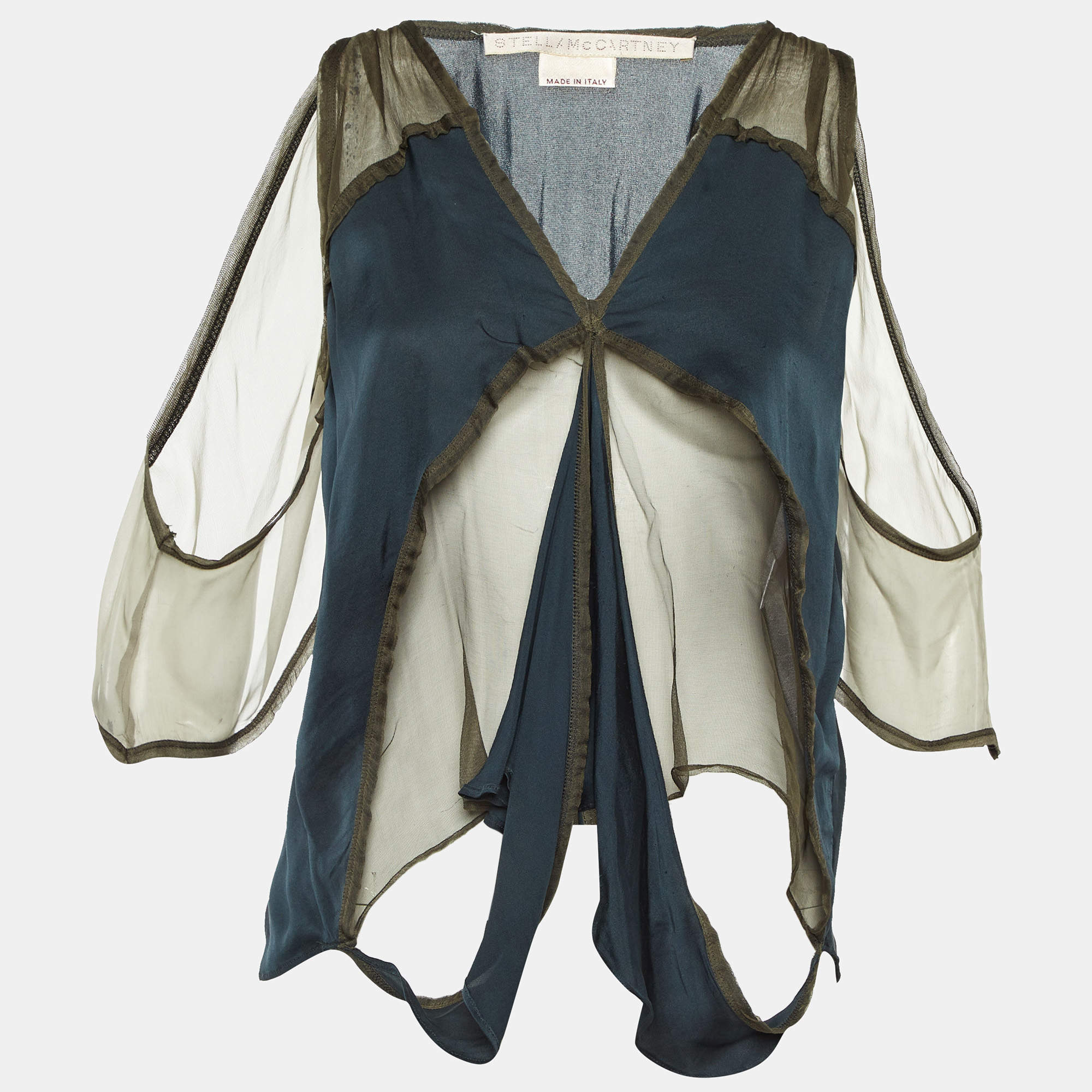 Pre Owned Stella McCartney Dark Green Silk Sheer Detail Top M